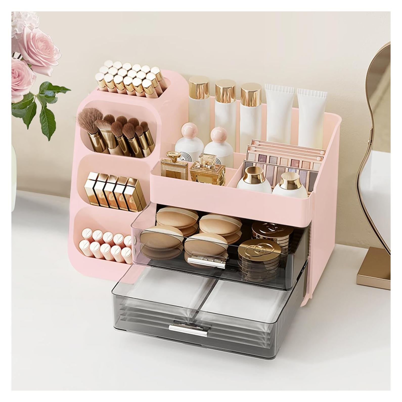Organizador de Maquillaje Sunoyar Rosa con Cajones y Soporte para Brochas