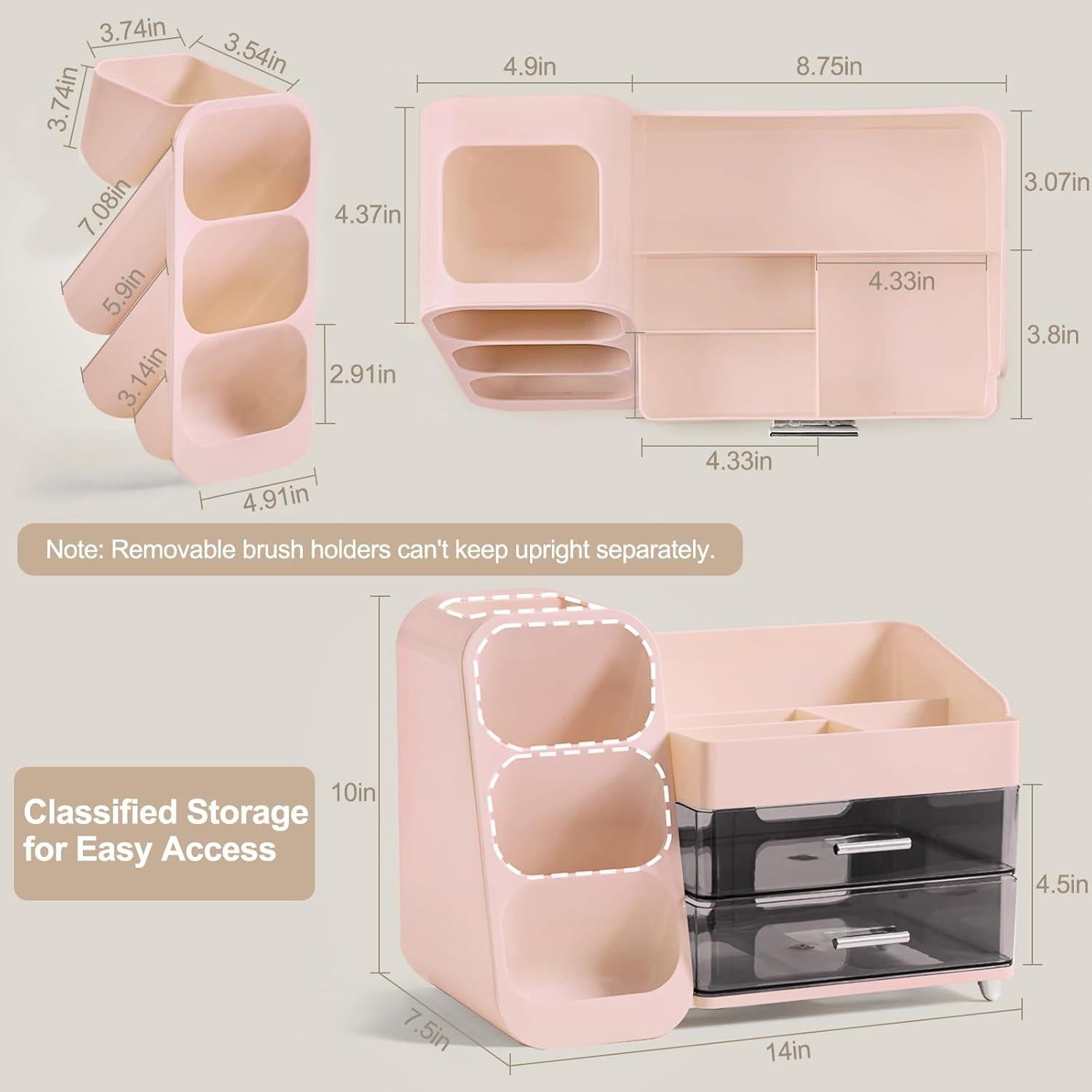 Organizador de Maquillaje Sunoyar Rosa con Cajones y Soporte para Brochas