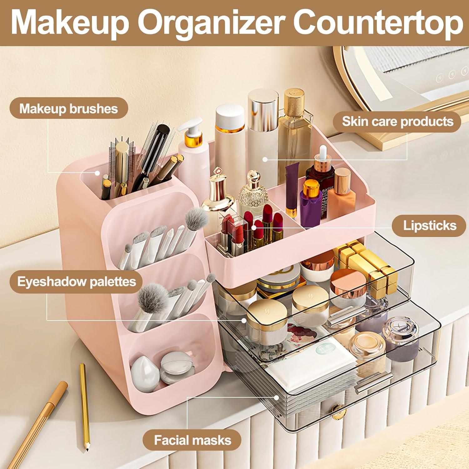 Organizador de Maquillaje Sunoyar Rosa con Cajones y Soporte para Brochas