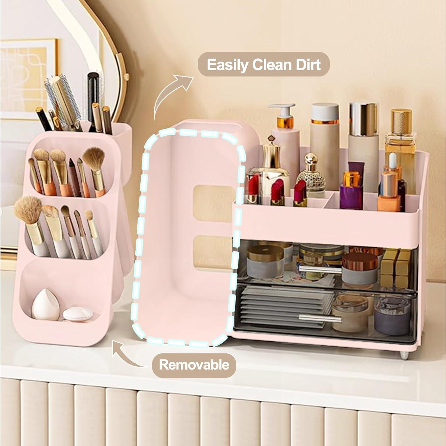 Organizador de Maquillaje Sunoyar Rosa con Cajones y Soporte para Brochas