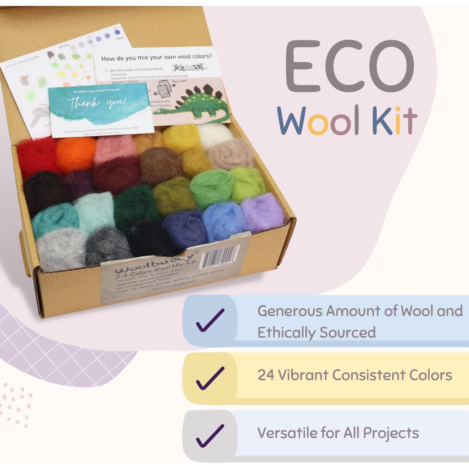 Kit de Lana Roving Woolbuddy - 24 Colores Corriedale para Fieltro