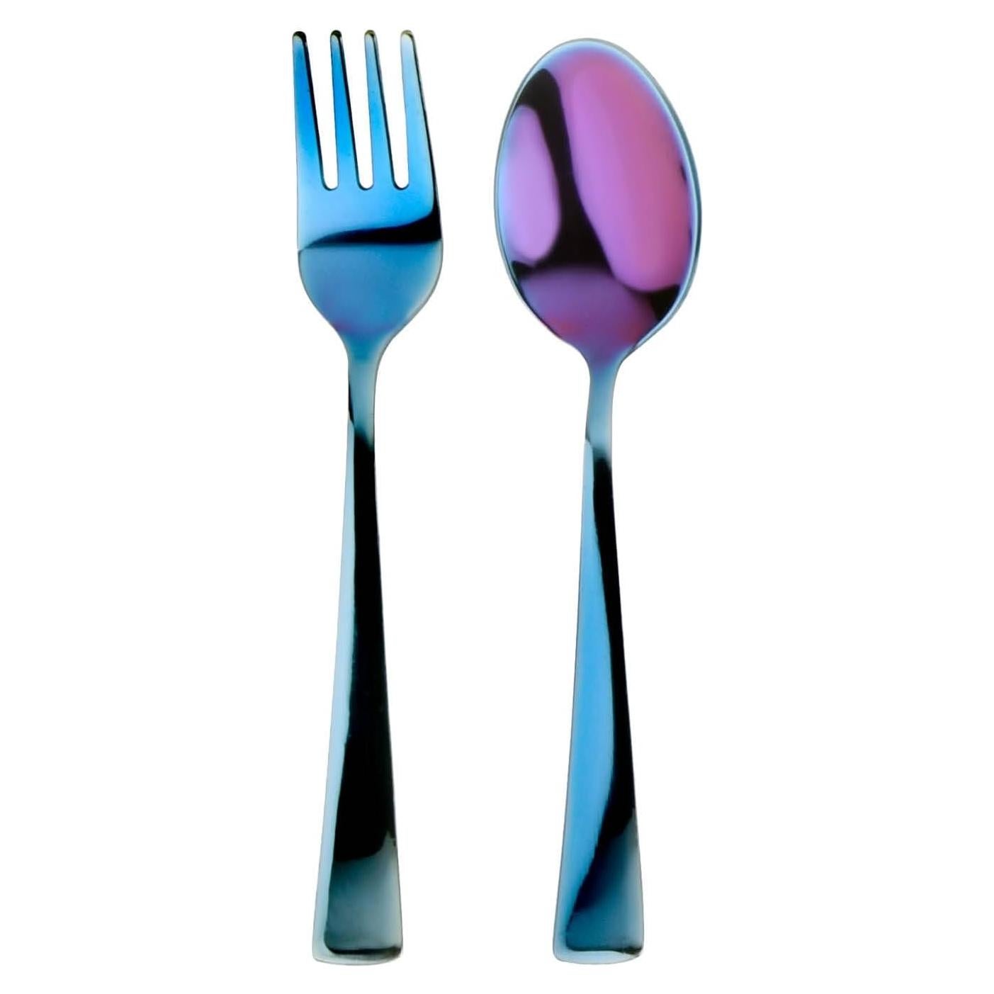 Juego de Utensilios de Acero Inoxidable Ahimsa para Niños - 1 Tenedor y 1 Cuchara Azul Iridiscente