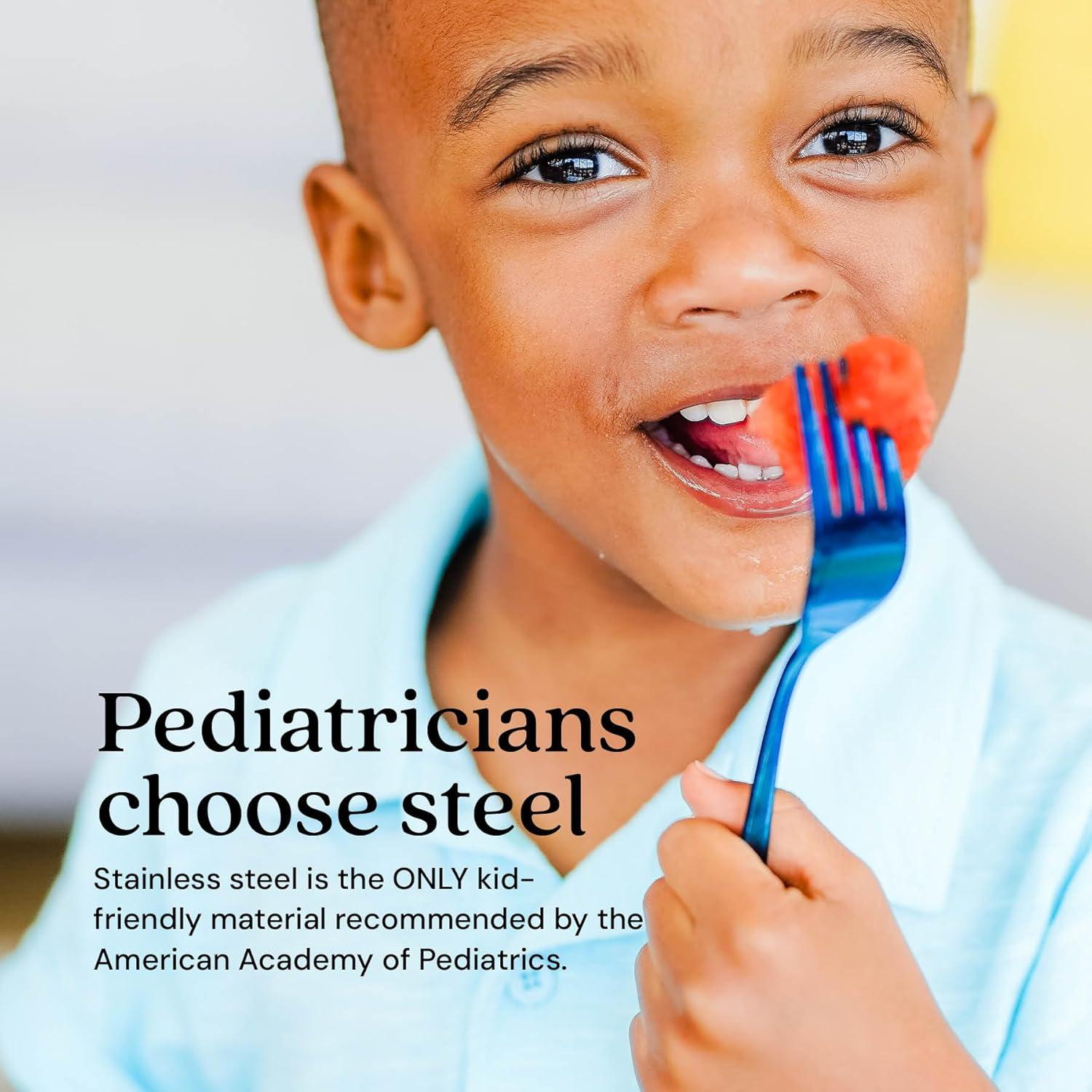 Juego de Utensilios de Acero Inoxidable Ahimsa para Niños - 1 Tenedor y 1 Cuchara Azul Iridiscente