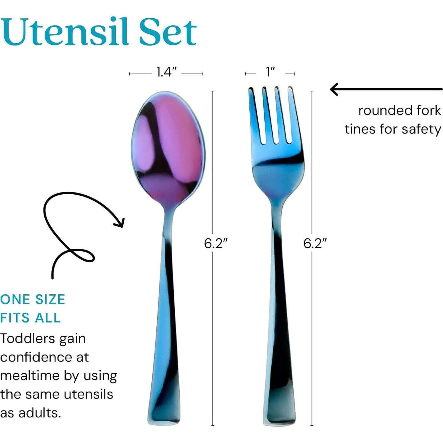 Juego de Utensilios de Acero Inoxidable Ahimsa para Niños - 1 Tenedor y 1 Cuchara Azul Iridiscente
