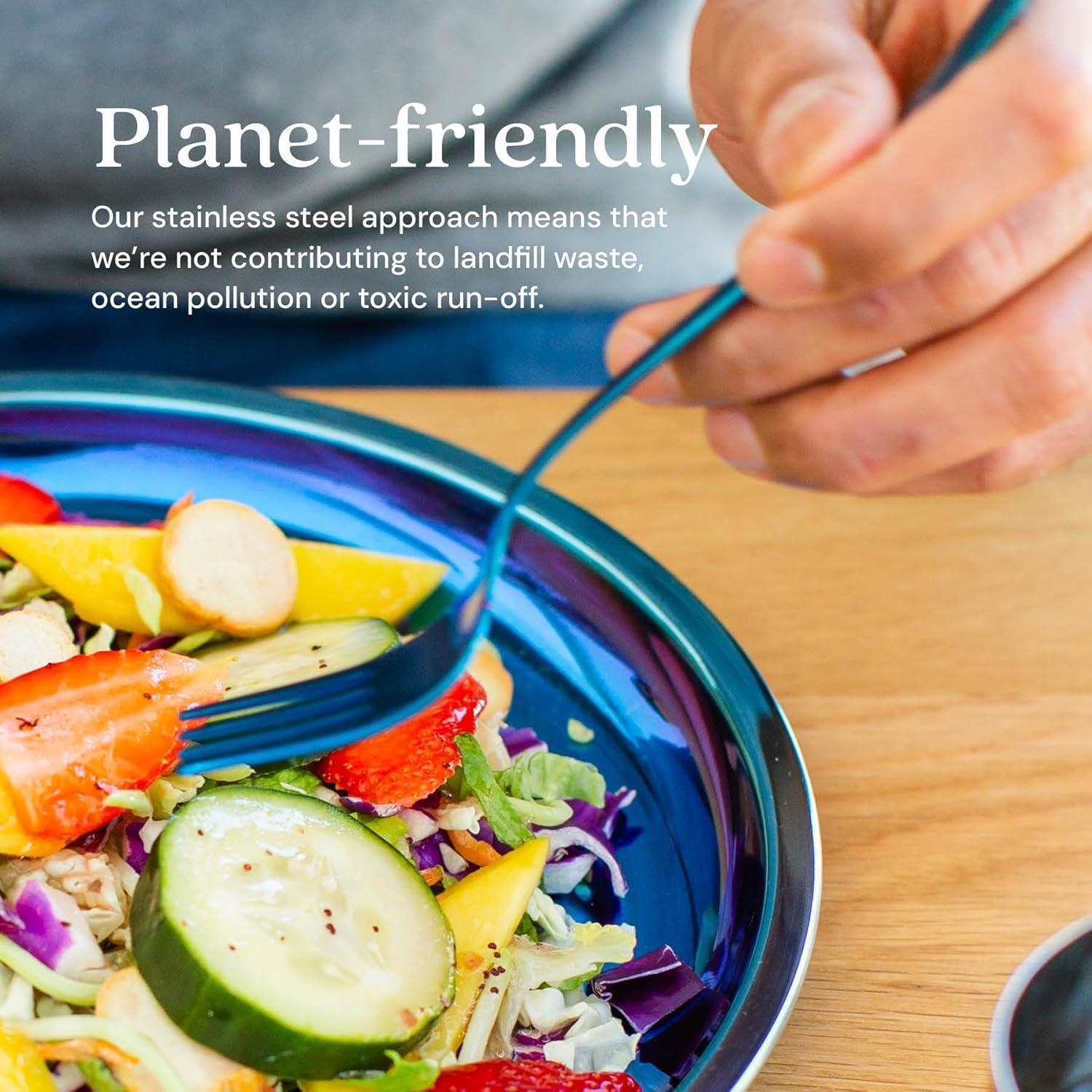 Juego de Utensilios de Acero Inoxidable Ahimsa para Niños - 1 Tenedor y 1 Cuchara Azul Iridiscente