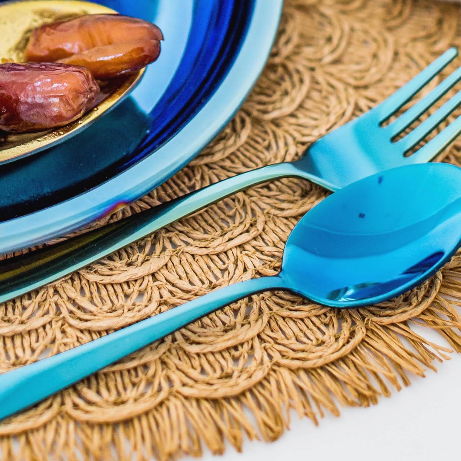 Juego de Utensilios de Acero Inoxidable Ahimsa para Niños - 1 Tenedor y 1 Cuchara Azul Iridiscente