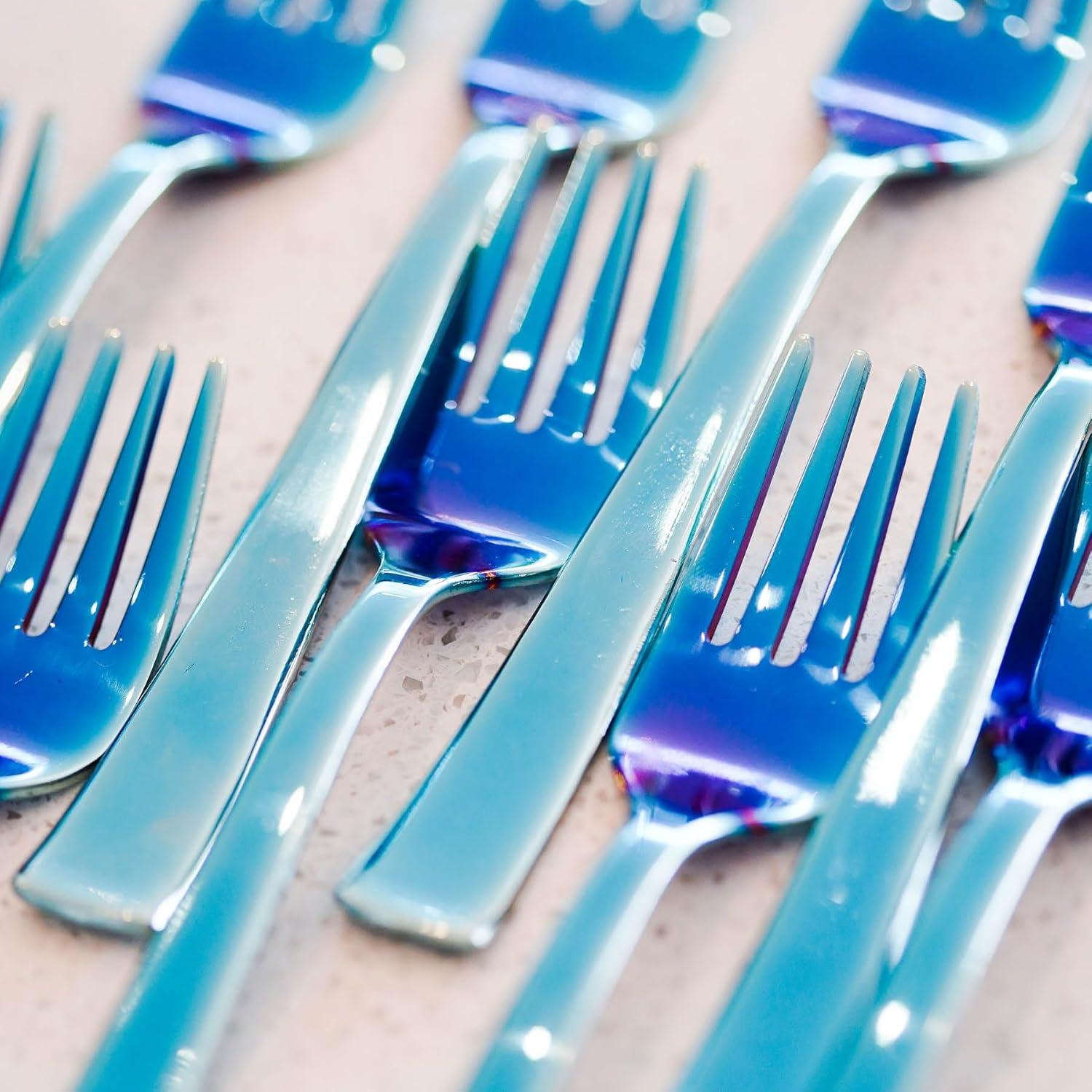 Juego de Utensilios de Acero Inoxidable Ahimsa para Niños - 1 Tenedor y 1 Cuchara Azul Iridiscente