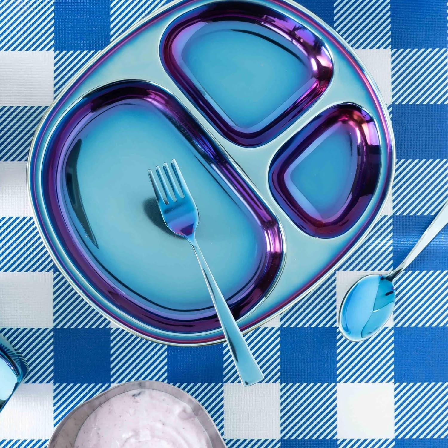 Juego de Utensilios de Acero Inoxidable Ahimsa para Niños - 1 Tenedor y 1 Cuchara Azul Iridiscente