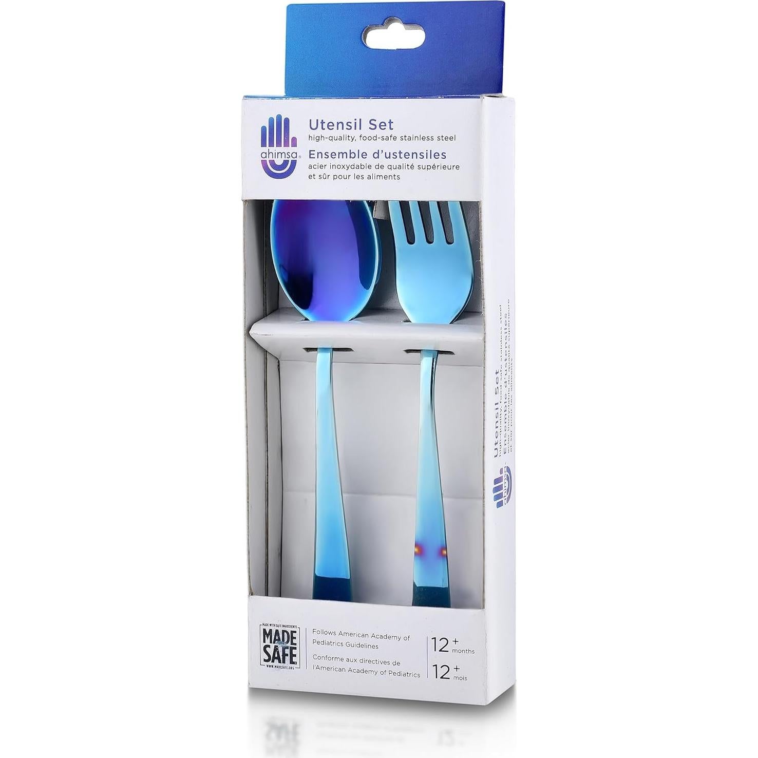 Juego de Utensilios de Acero Inoxidable Ahimsa para Niños - 1 Tenedor y 1 Cuchara Azul Iridiscente