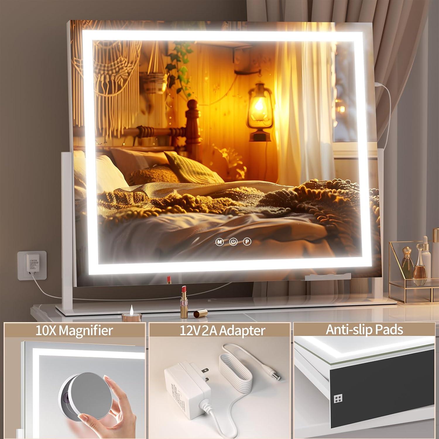 Espejo de tocador Hasipu LED 65x54 cm con aumento 10X y USB