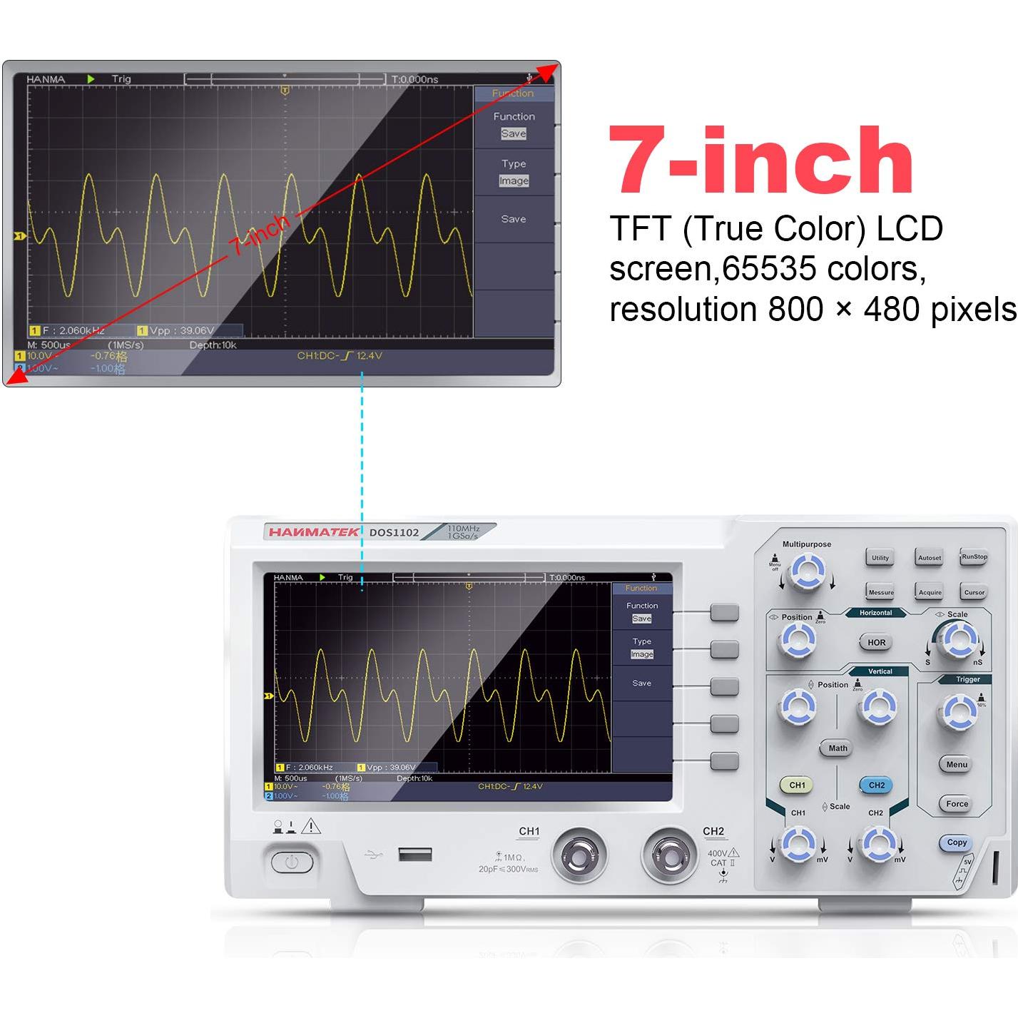 Osciloscopio Digital HANMATEK DOS1102 110MHz 2 Canales 7"