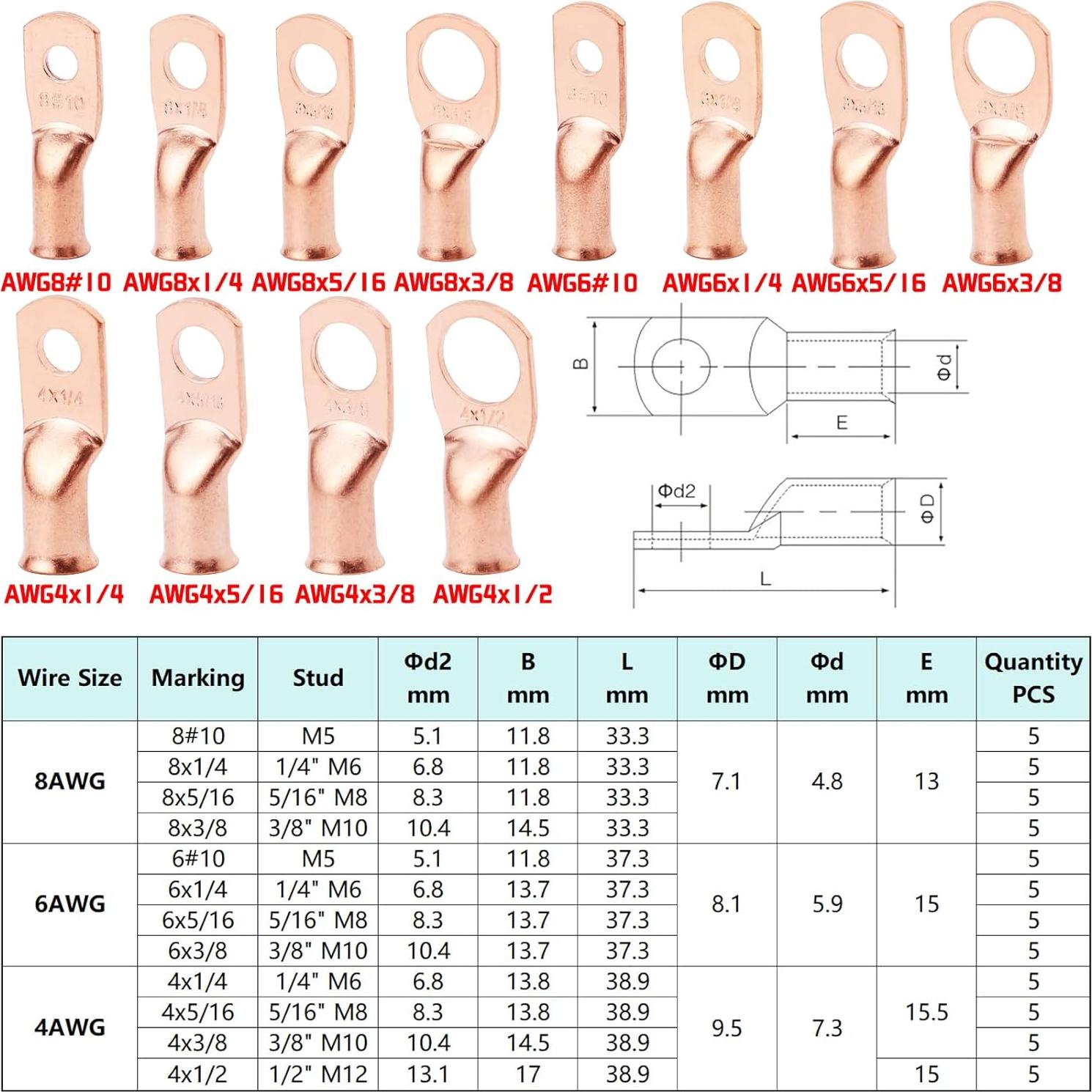 120PCS Terminales de Cobre Brliantux para Batería AWG8 6 4