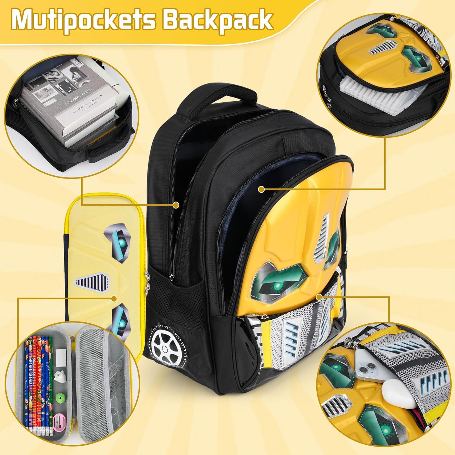 Mochila Escolar Niños Amarilla - Caricatura Luminosa con Estuche