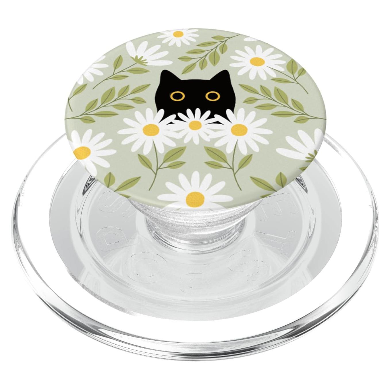 PopSockets PopGrip Magnético Gato Negro con Margaritas Verde Salvia