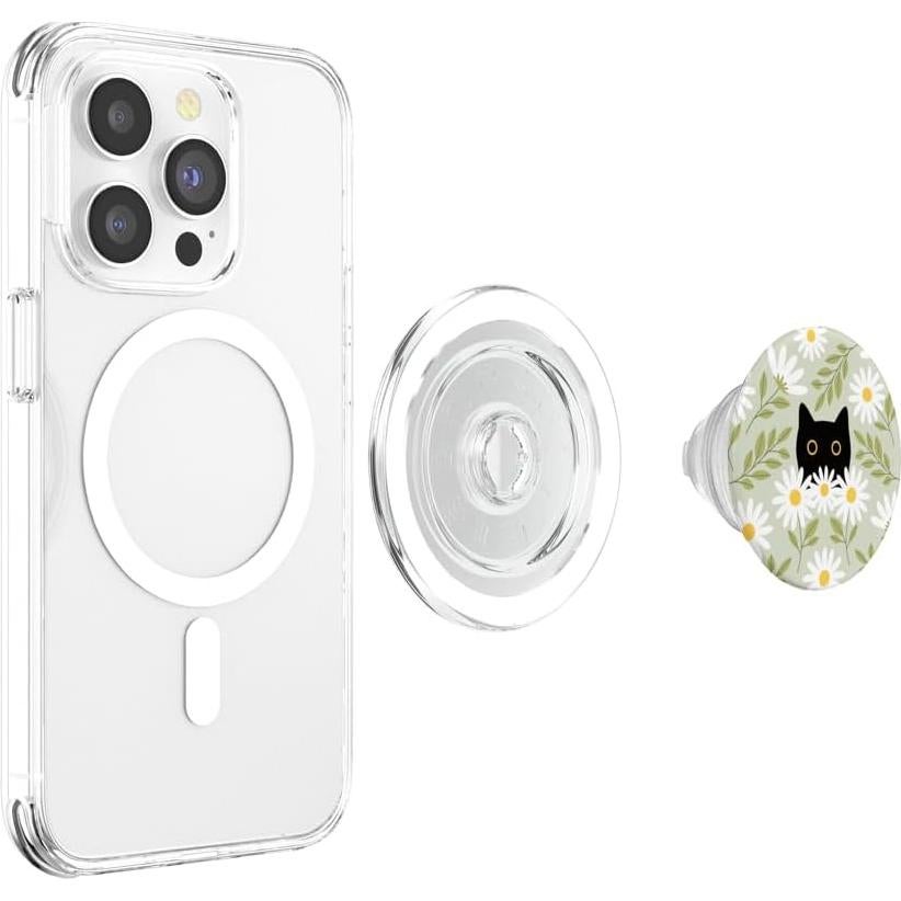 PopSockets PopGrip Magnético Gato Negro con Margaritas Verde Salvia