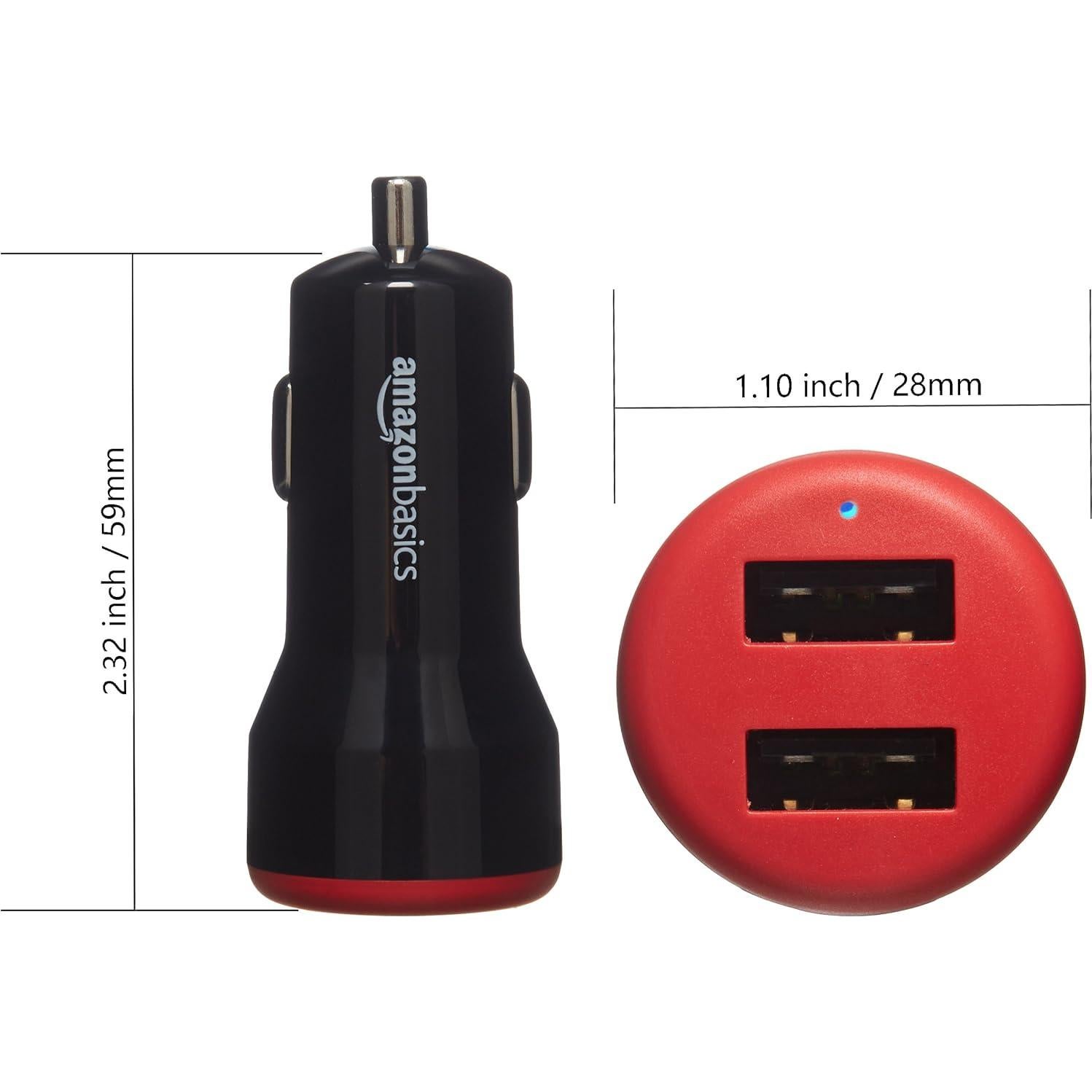 Cargador de Coche USB-A 24W Amazon Basics 2 Puertos Negro/Rojo