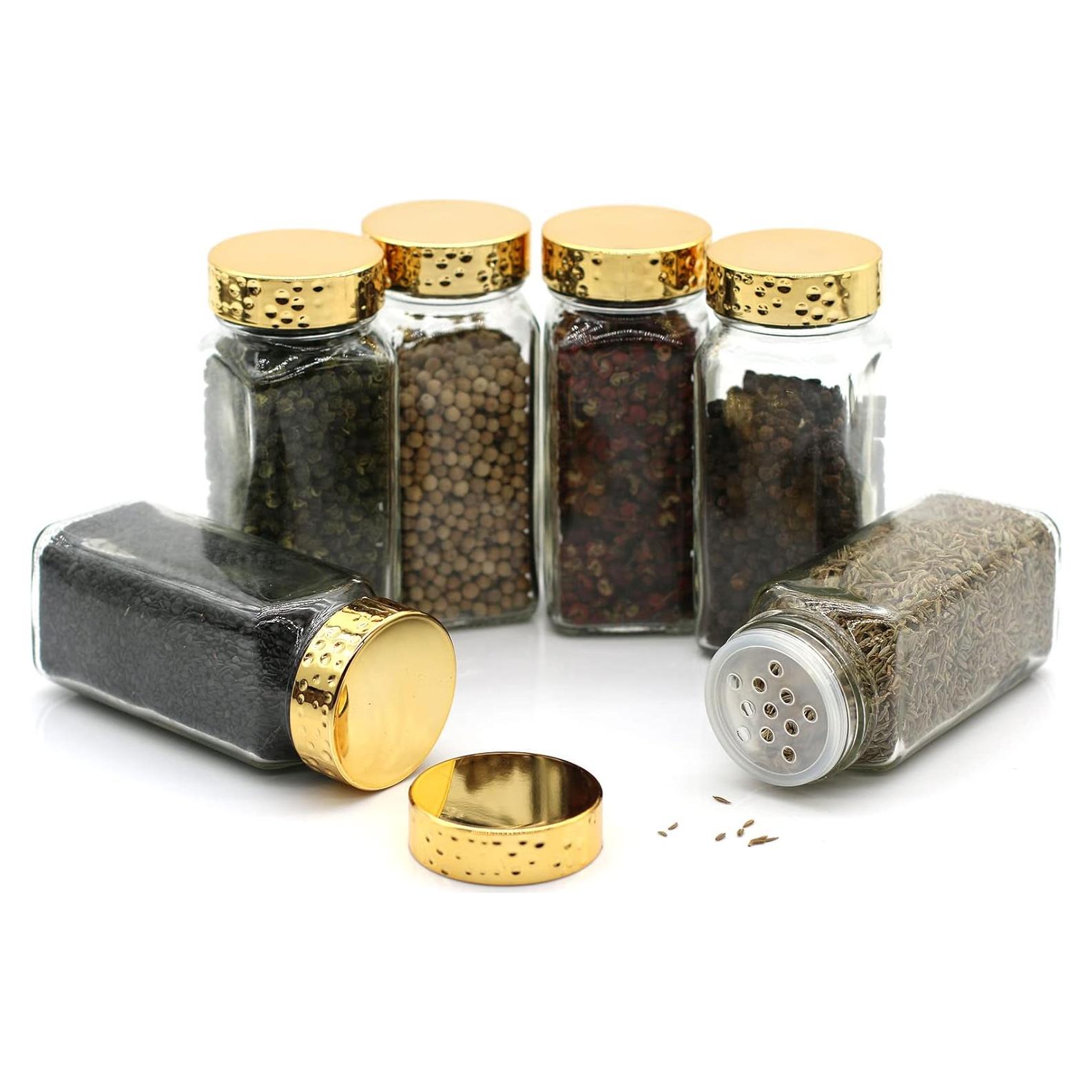 6 Tarros de Especias Cuadrados de Vidrio 4 oz con Tapas Doradas