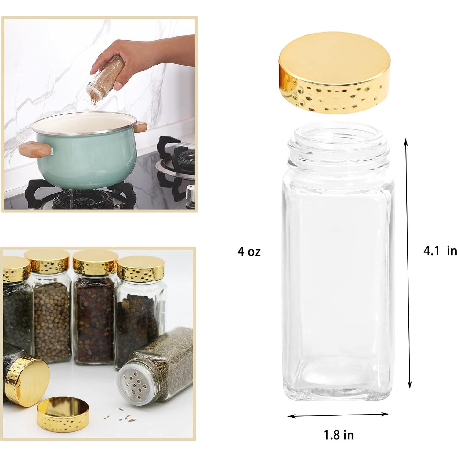 6 Tarros de Especias Cuadrados de Vidrio 4 oz con Tapas Doradas