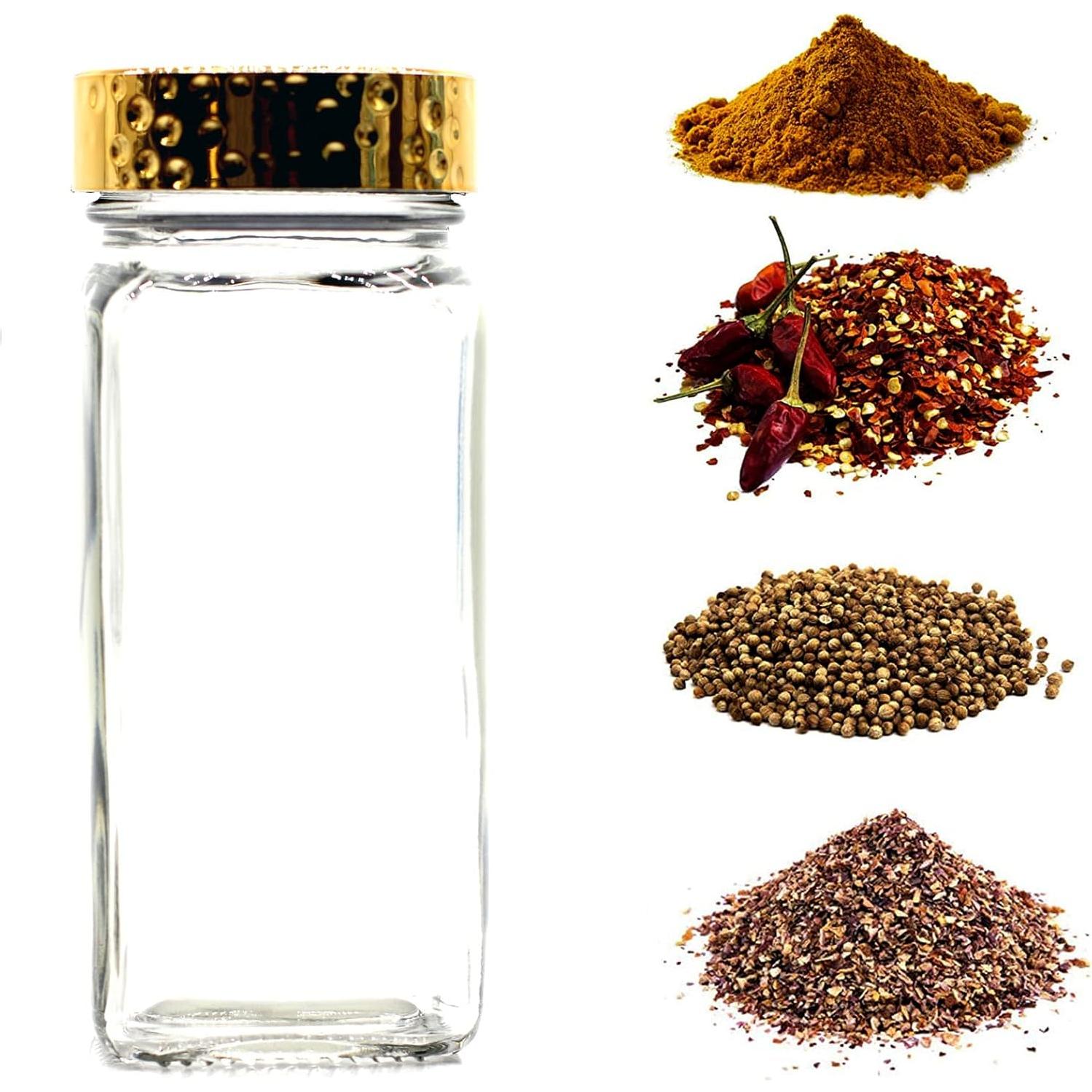 6 Tarros de Especias Cuadrados de Vidrio 4 oz con Tapas Doradas