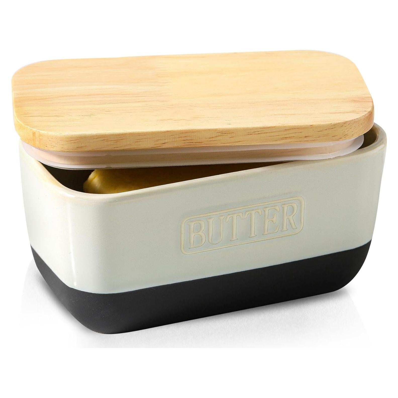 Plato de Mantequilla HVH Cerámica Negra con Tapa de Madera