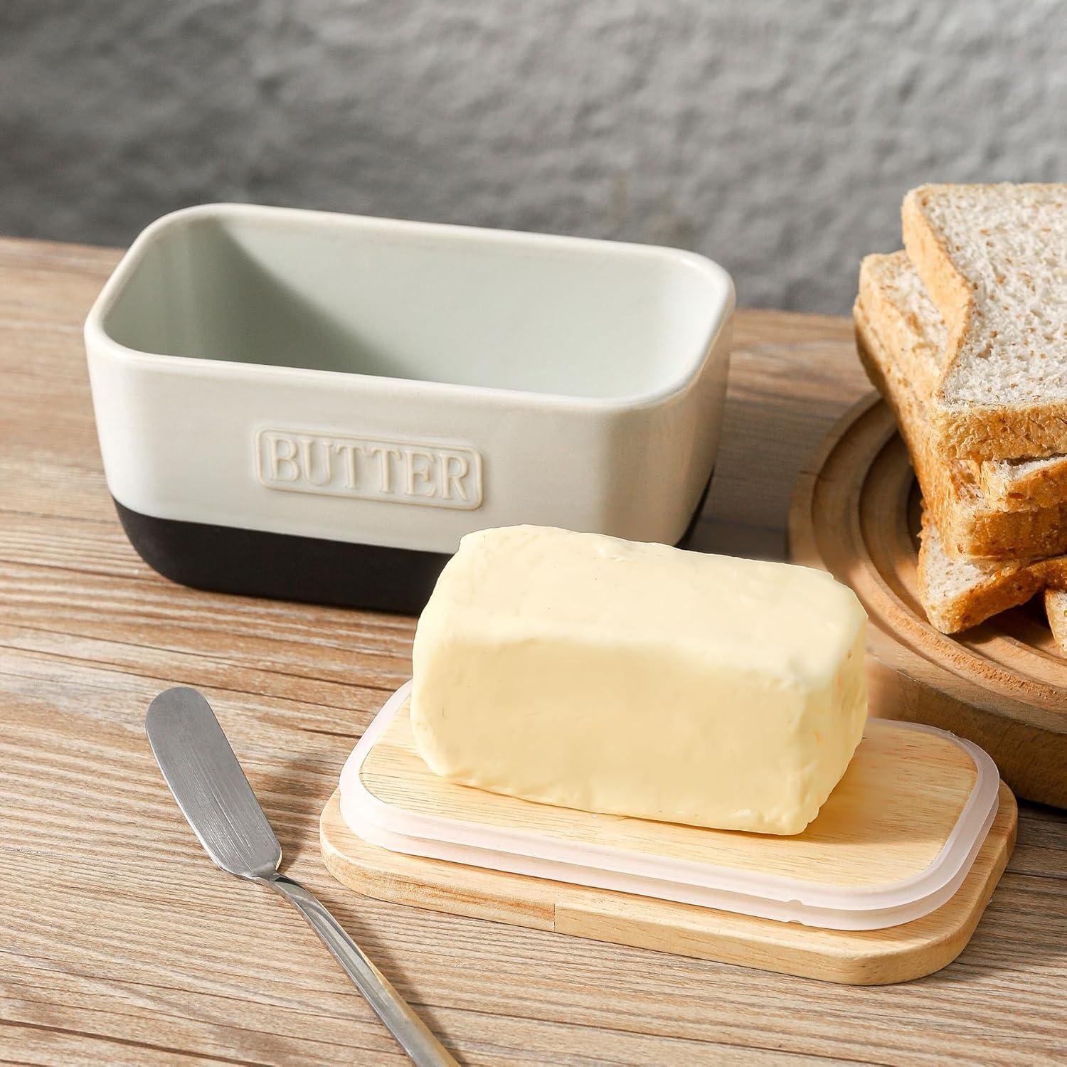 Plato de Mantequilla HVH Cerámica Negra con Tapa de Madera