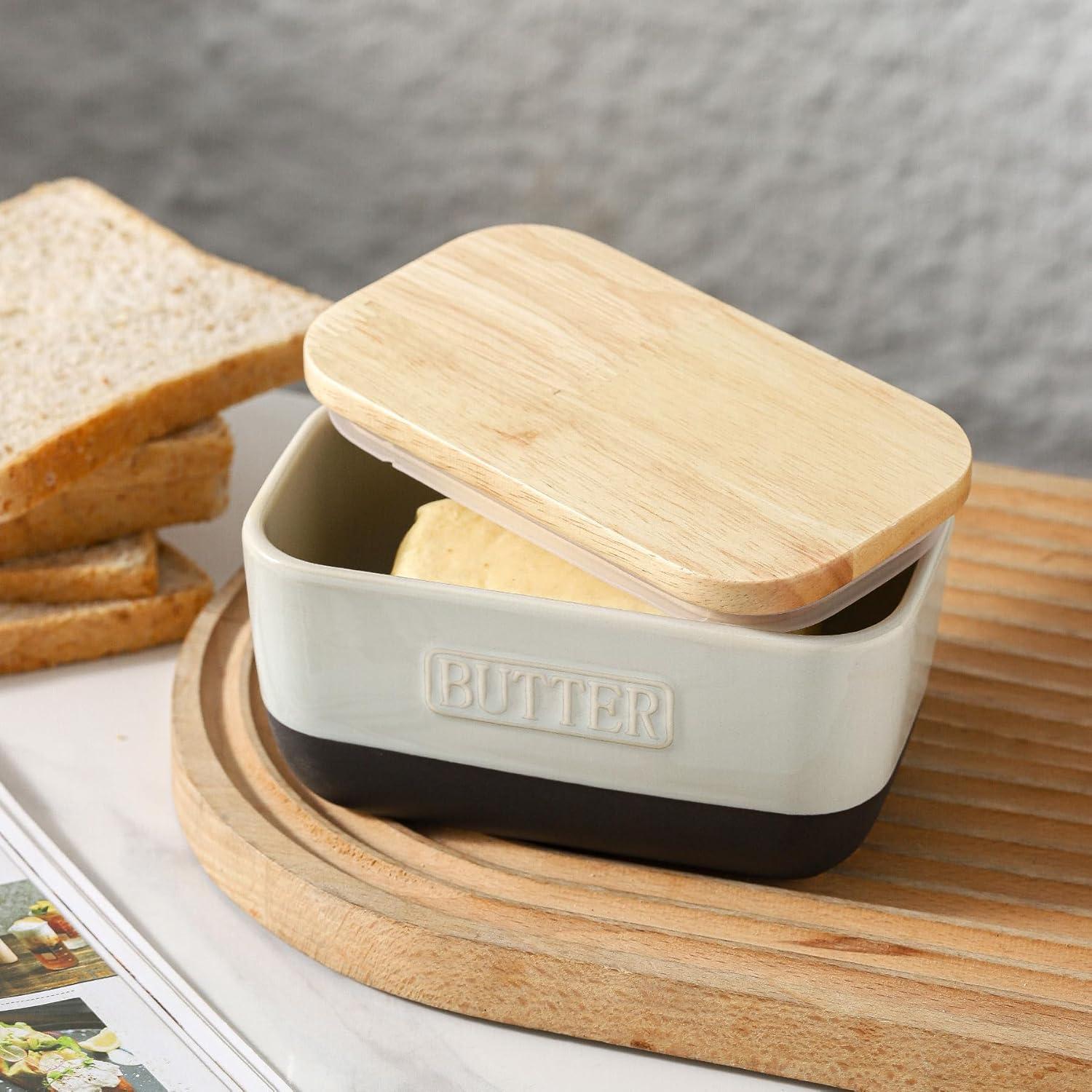 Plato de Mantequilla HVH Cerámica Negra con Tapa de Madera