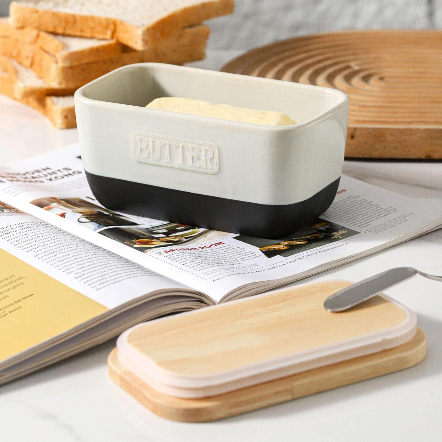 Plato de Mantequilla HVH Cerámica Negra con Tapa de Madera