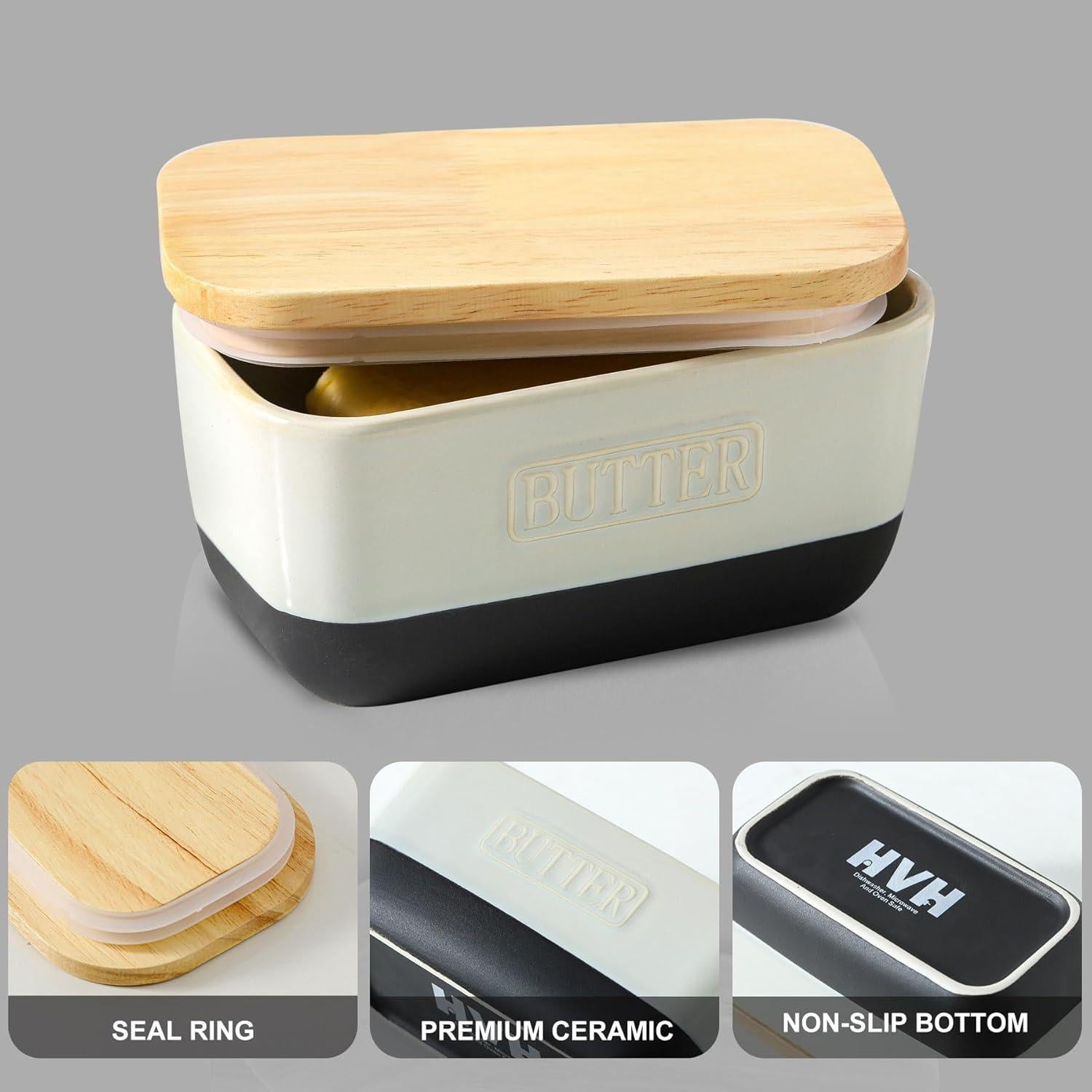 Plato de Mantequilla HVH Cerámica Negra con Tapa de Madera