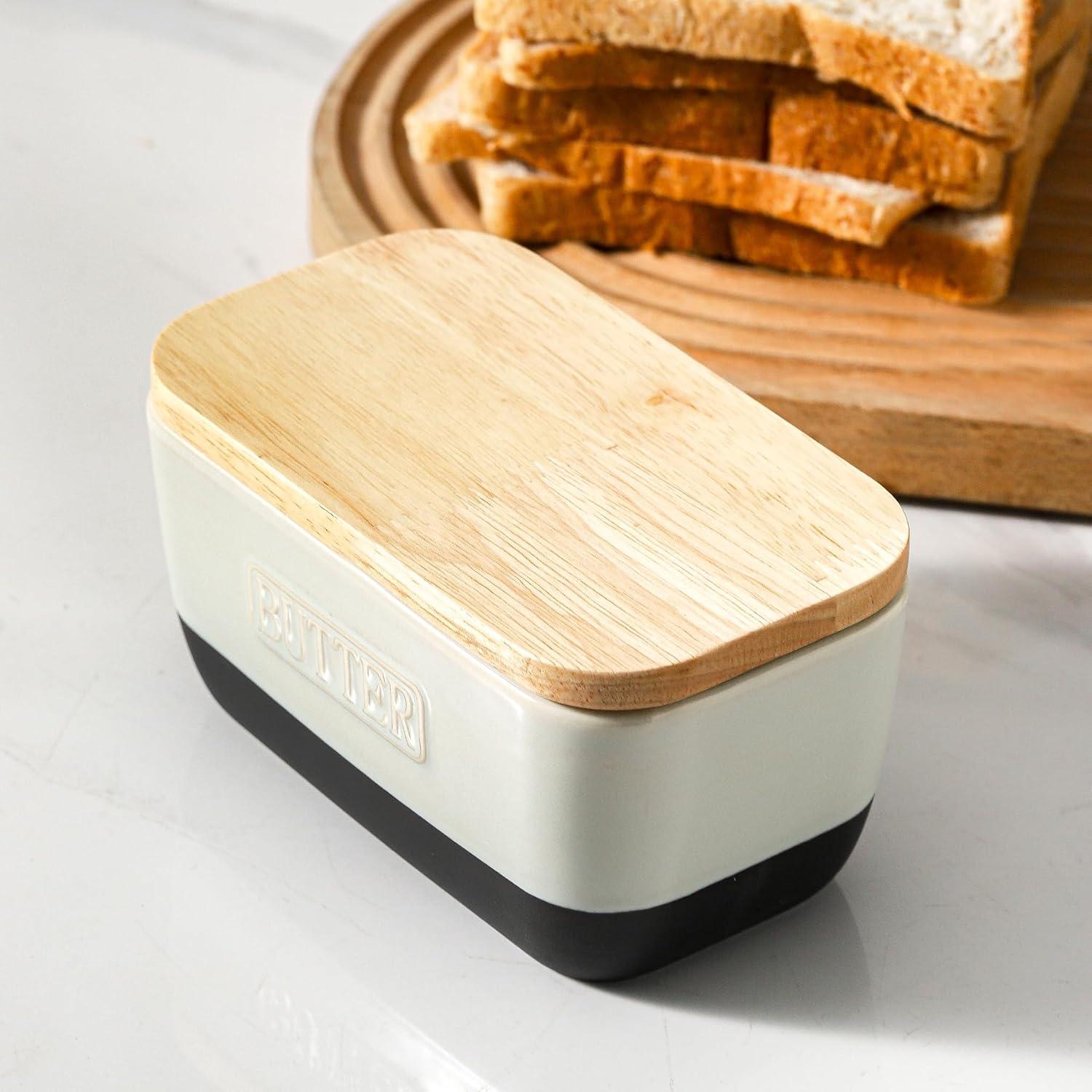 Plato de Mantequilla HVH Cerámica Negra con Tapa de Madera