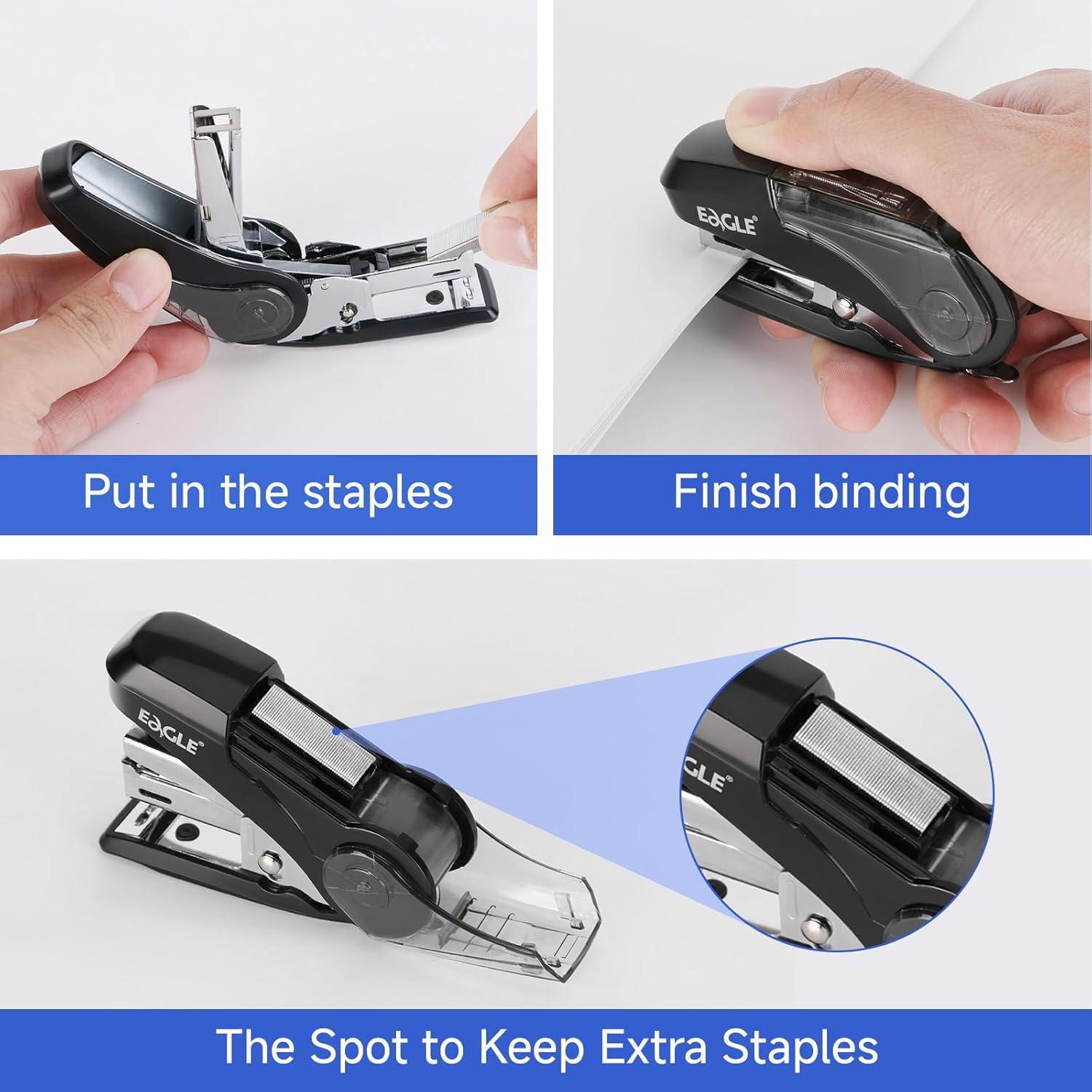 Grapadora Mini Eagle Negra, 20 Hojas, 1000 Grapas, Esfuerzo Reducido
