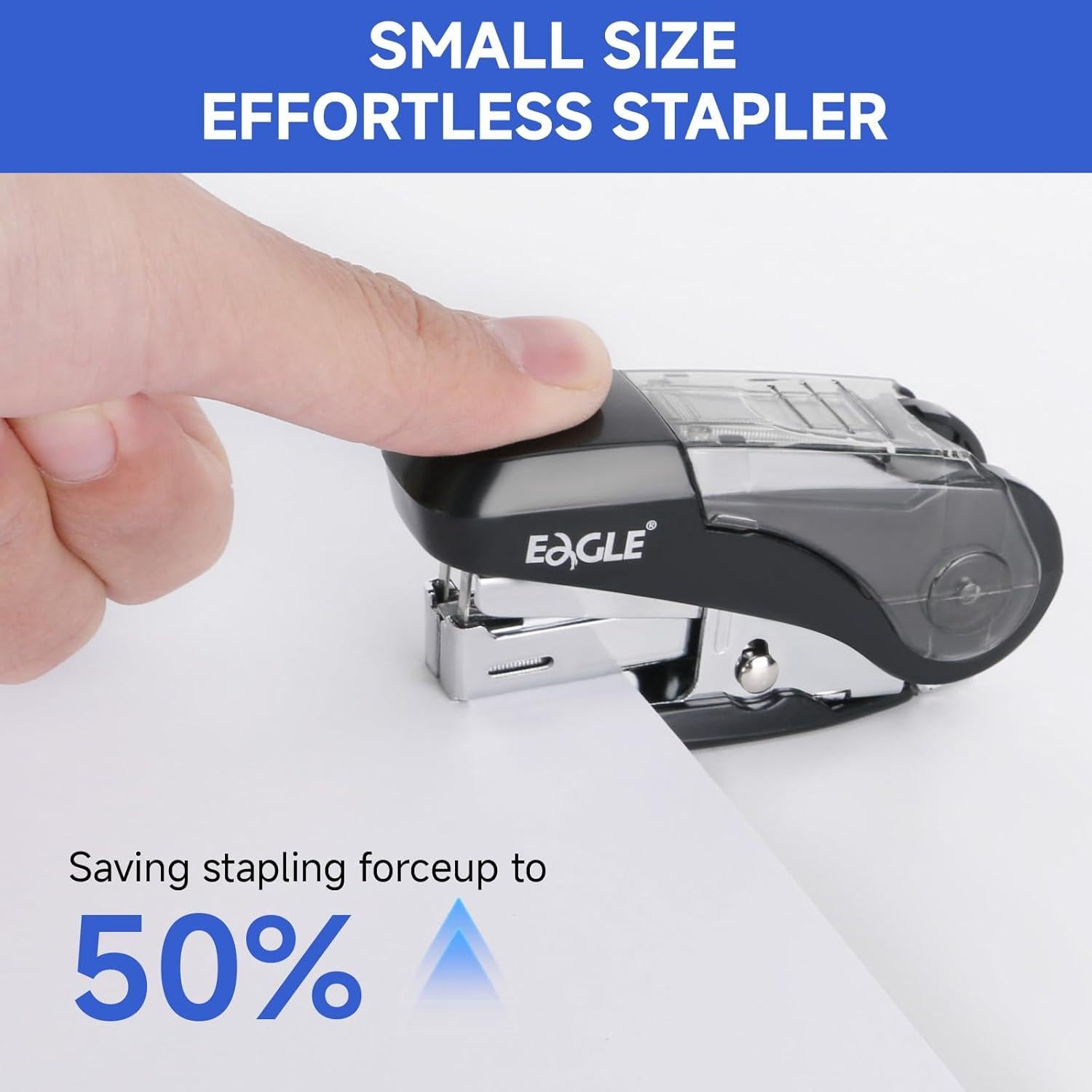Grapadora Mini Eagle Negra, 20 Hojas, 1000 Grapas, Esfuerzo Reducido