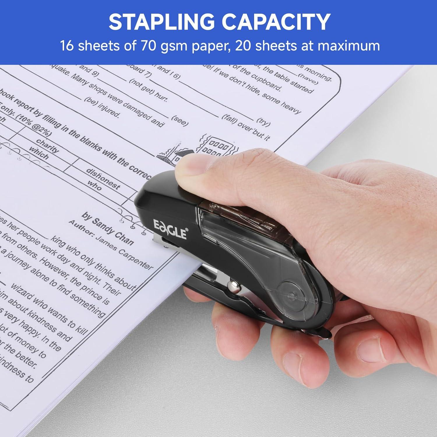 Grapadora Mini Eagle Negra, 20 Hojas, 1000 Grapas, Esfuerzo Reducido