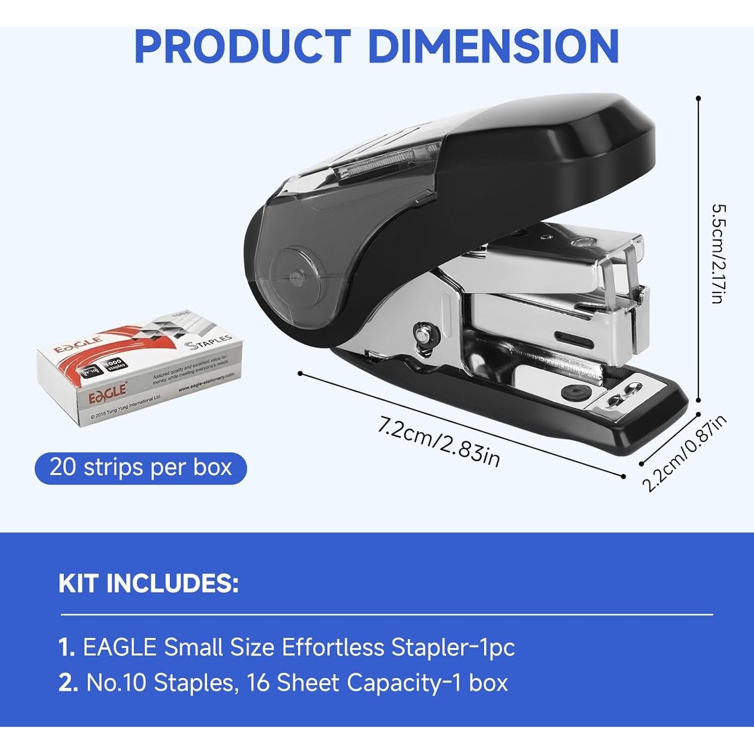 Grapadora Mini Eagle Negra, 20 Hojas, 1000 Grapas, Esfuerzo Reducido