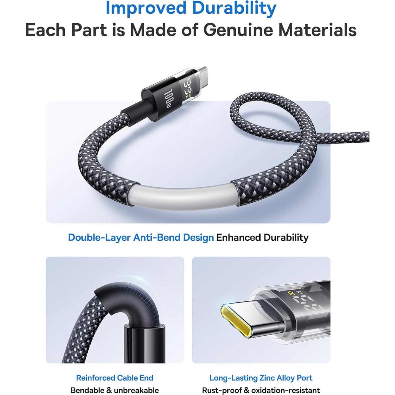 Cable USB C Baseus 100W 5A con Pantalla LED 2m Negro