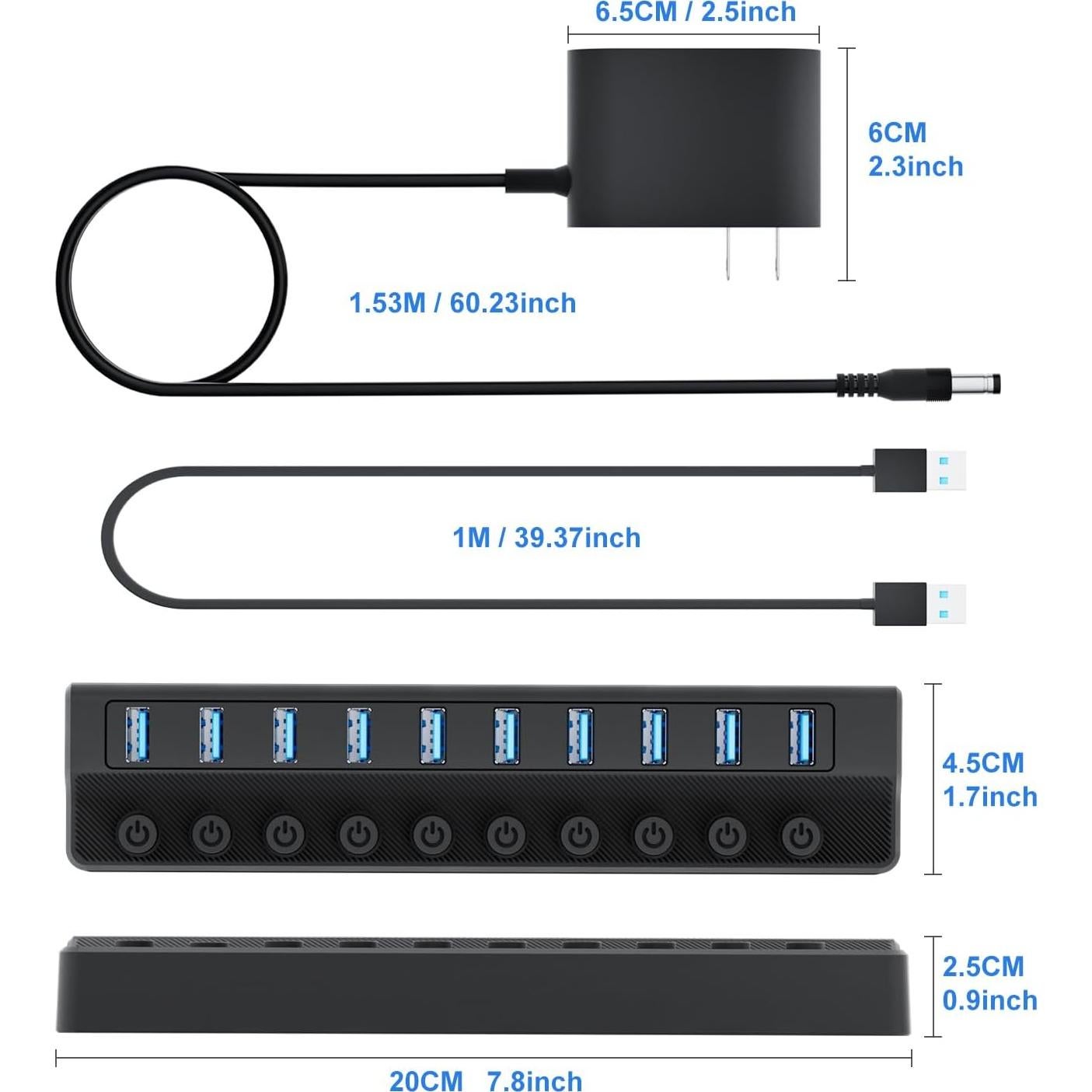 Hub USB 3.0 ONFINIO de 10 Puertos con Interruptores LED