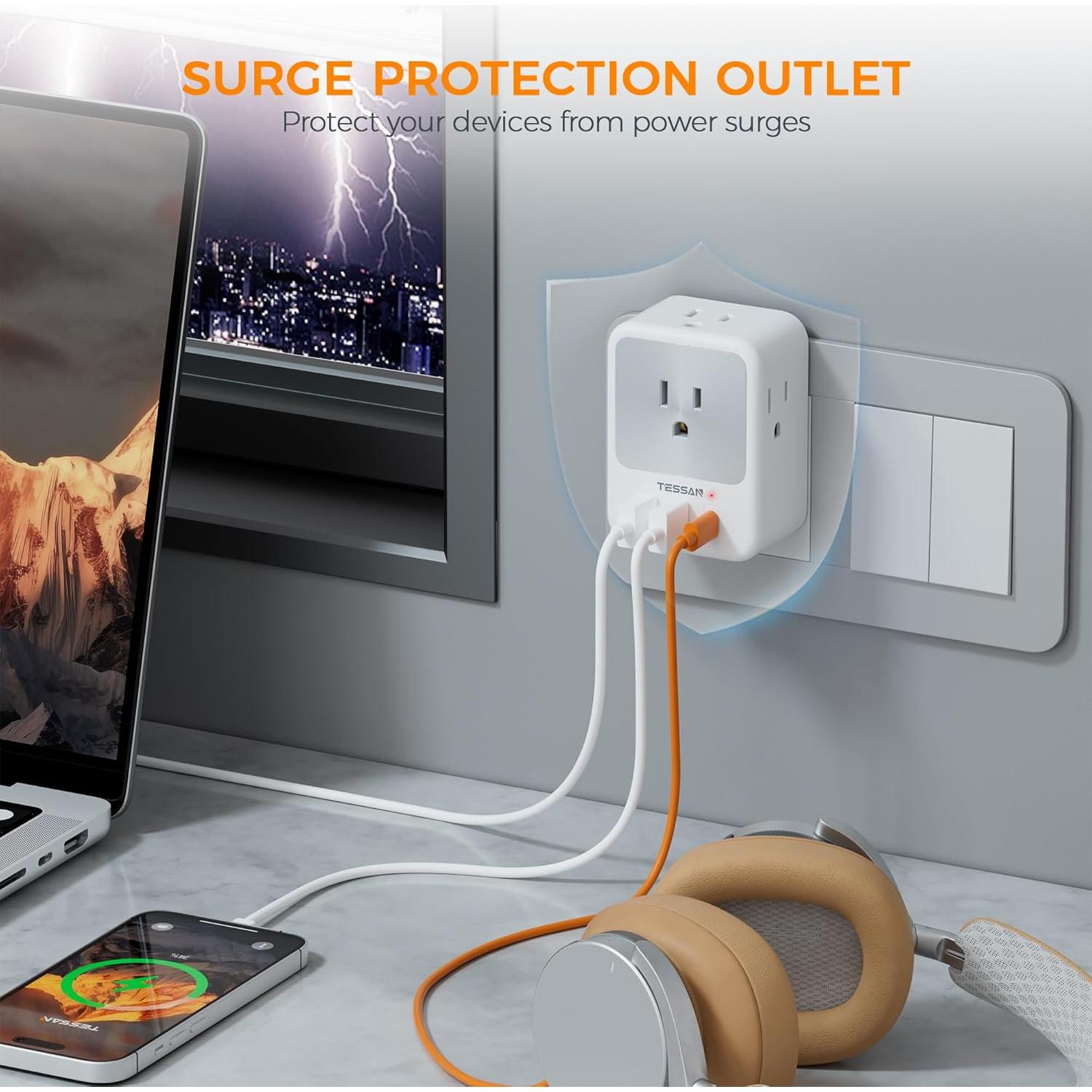 Extensor de Enchufe TESSAN 7 en 1 con 3 USB y Protector