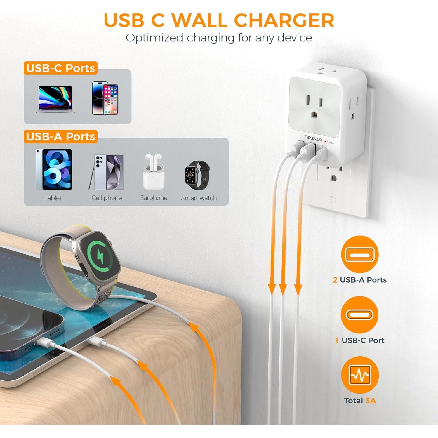 Extensor de Enchufe TESSAN 7 en 1 con 3 USB y Protector