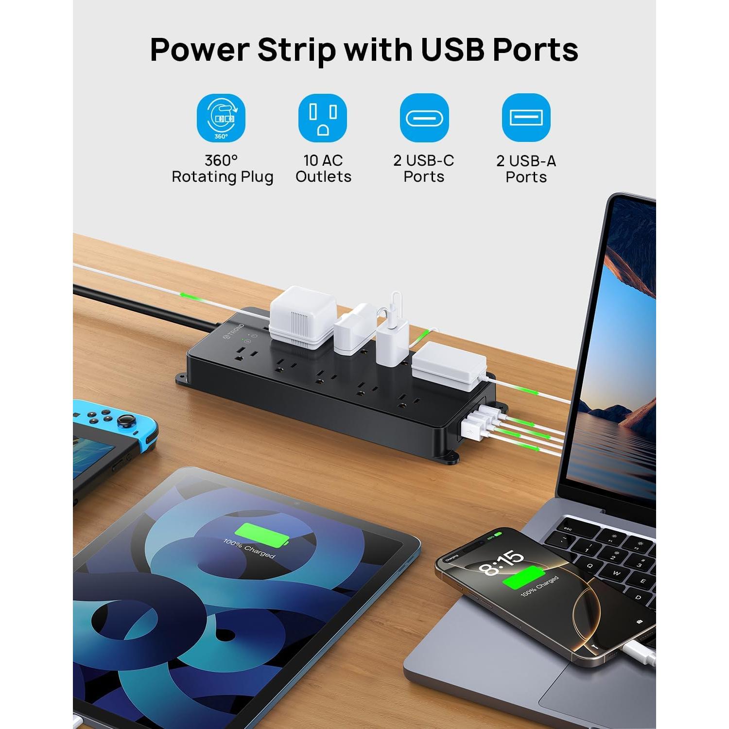 Regleta de Sobretensión TROND 4000J 10 Salidas USB Montable 1.5m