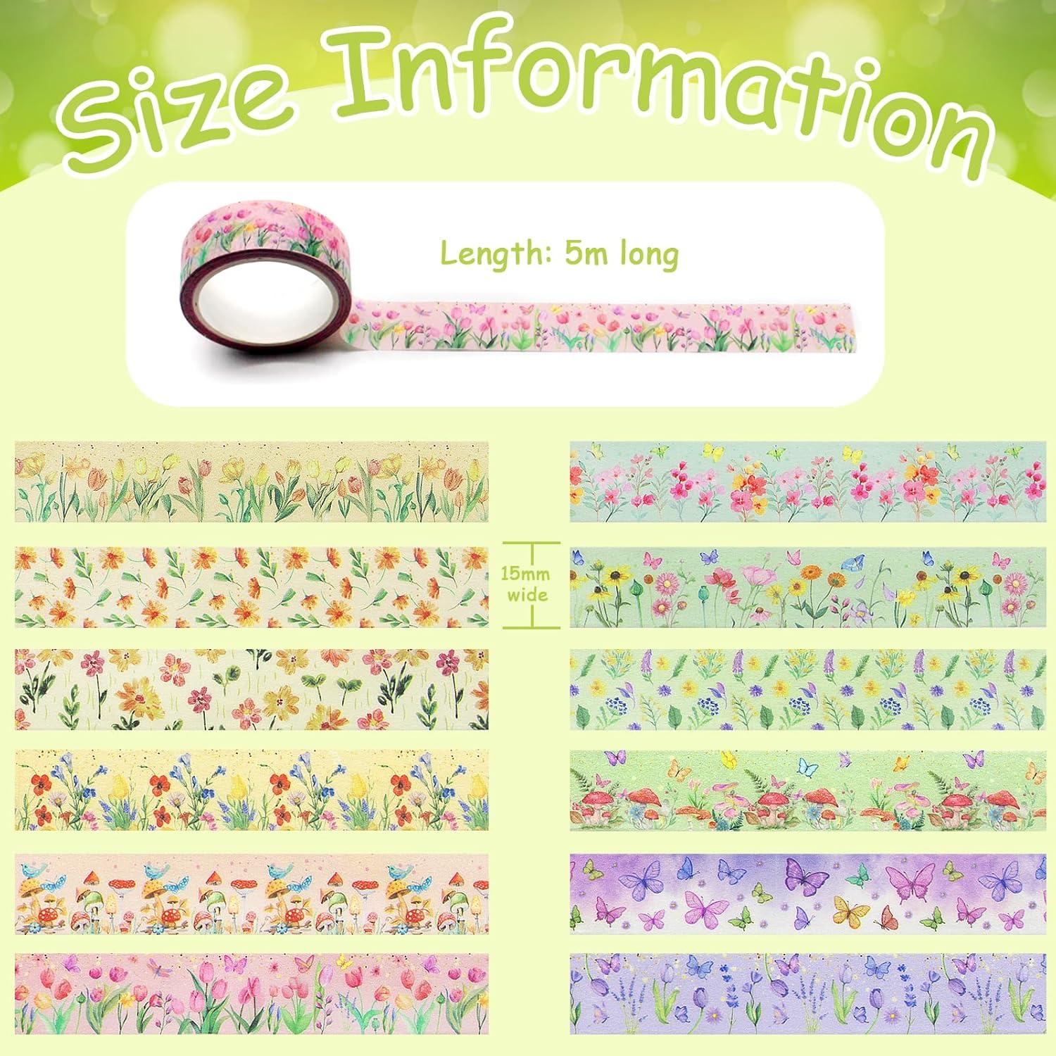 Cinta Washi Floral Benvo 12 Rollos 15 mm x 5 m Decorativa