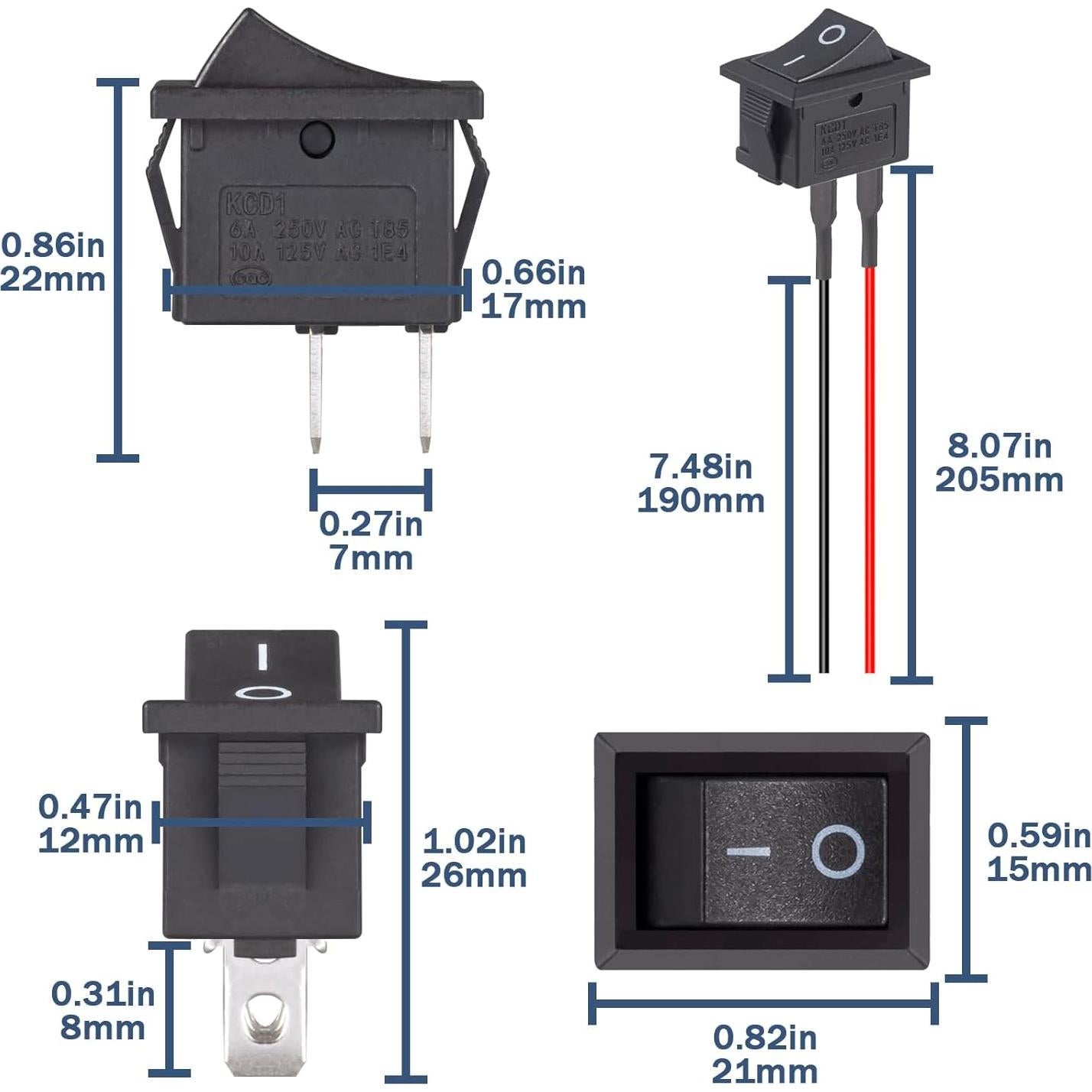 Interruptor Rocker VEXUNGA 12V 2 Pines SPST Negro 10A 5 Pcs