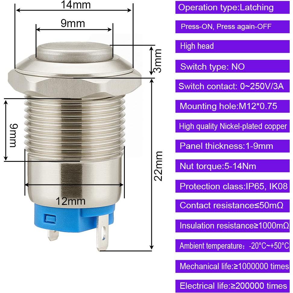 4 Interruptores de Botón Pulsador Metálico 12mm IP65 Gebildet