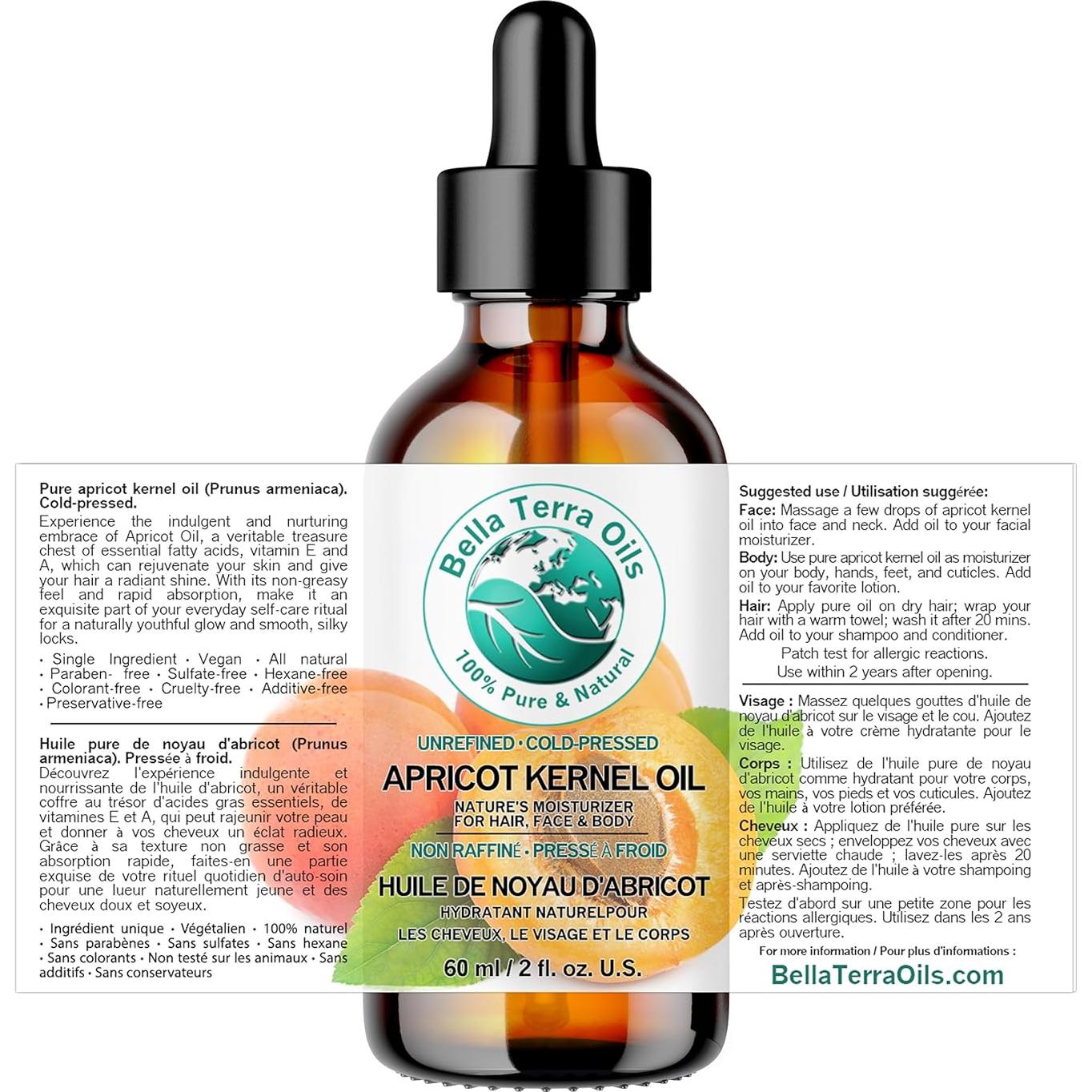 Aceite de Semilla de Albaricoque Orgánico Bella Terra 56.7 ml - Prensado en Frío