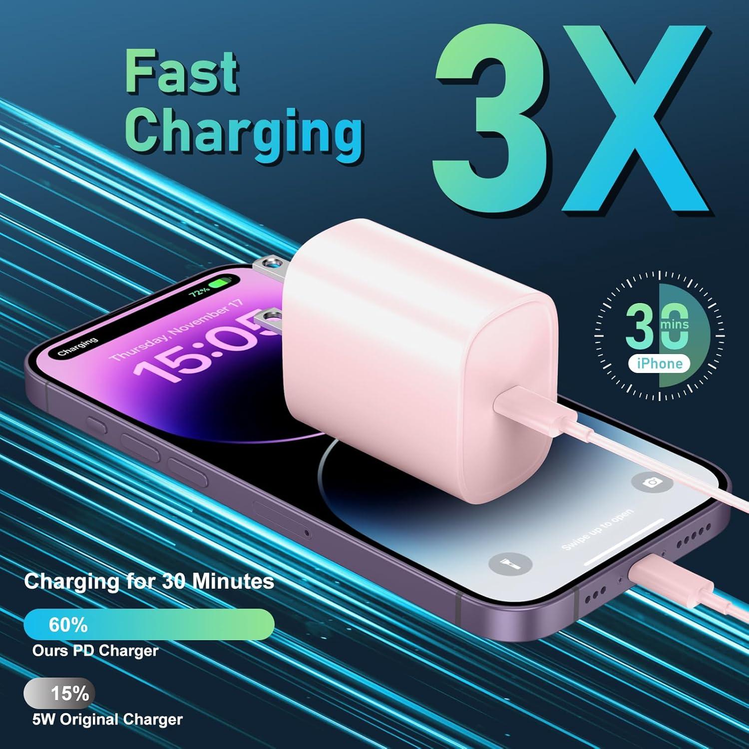 Cargador Rápido DiHines 20W USB C + Cable Lightning 1.83m Rosa