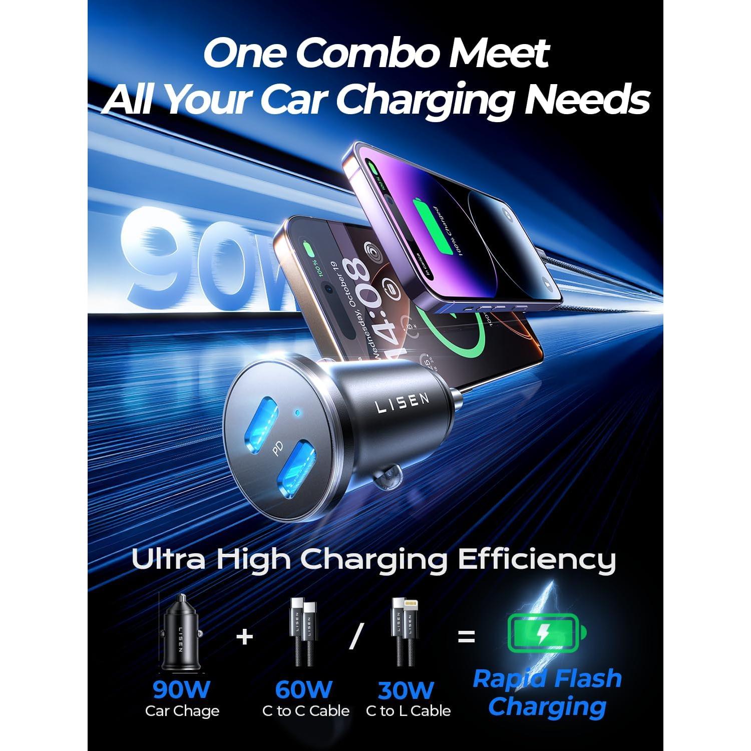 Cargador de Coche USB C LISEN 90W Carga Rápida Dual 45W