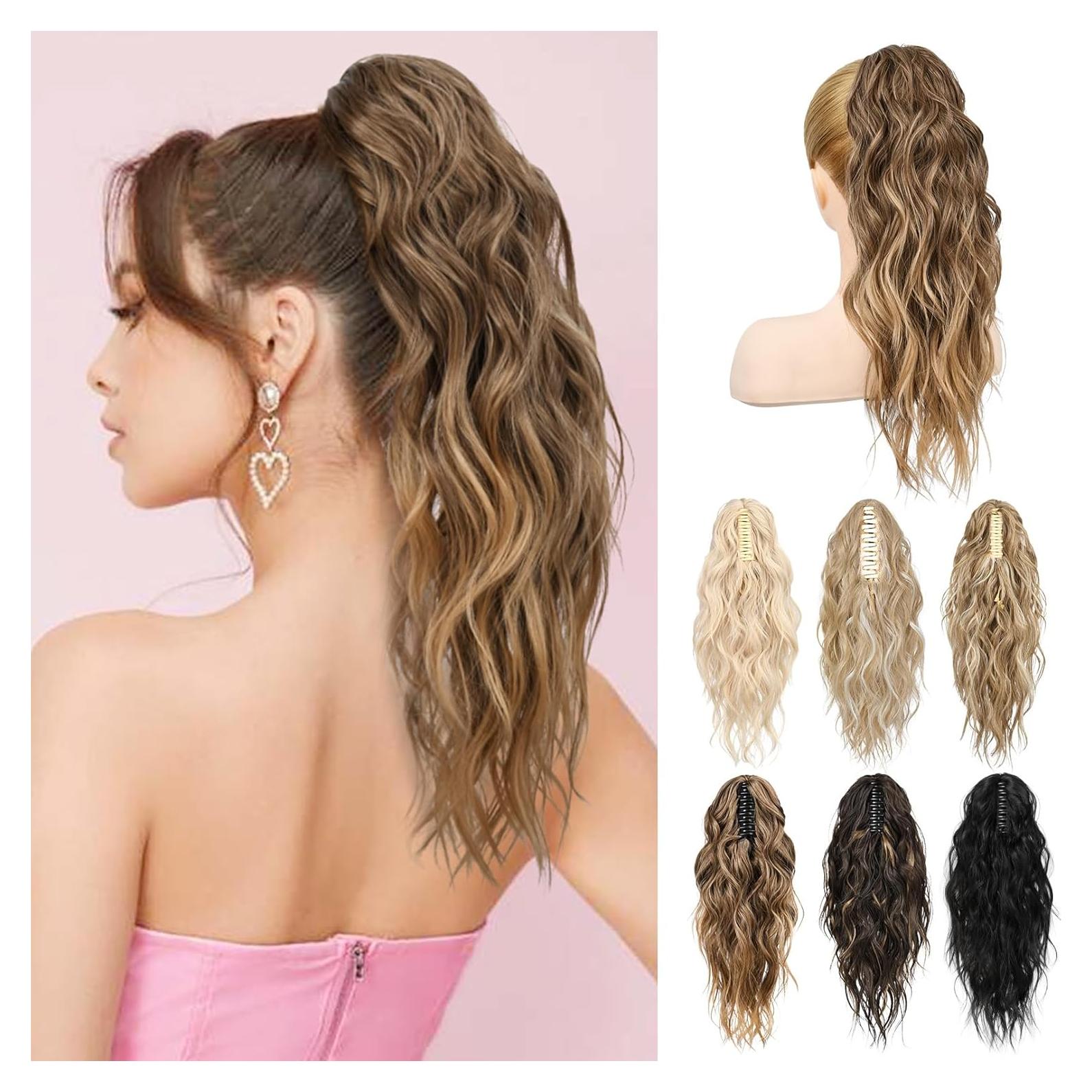 Extensión de Cola de Caballo LONAI 45.72 cm Clip Ondulada Marrón Ceniza