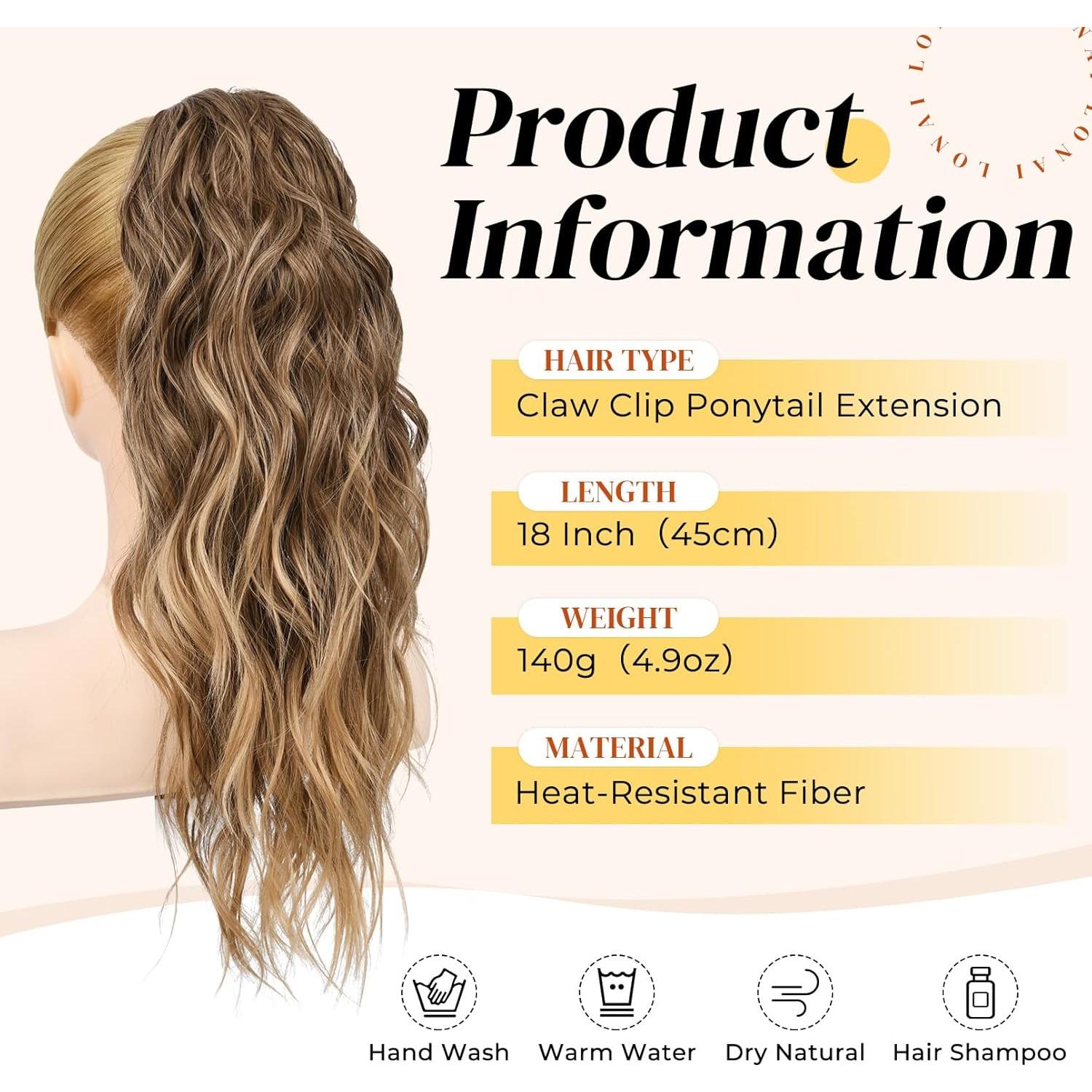 Extensión de Cola de Caballo LONAI 45.72 cm Clip Ondulada Marrón Ceniza