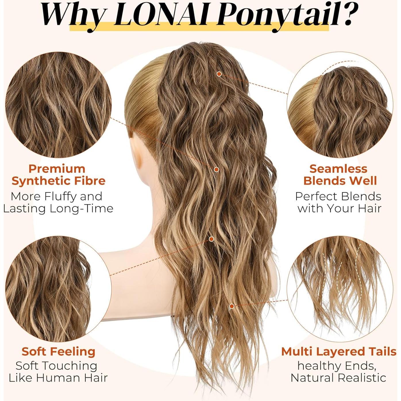 Extensión de Cola de Caballo LONAI 45.72 cm Clip Ondulada Marrón Ceniza