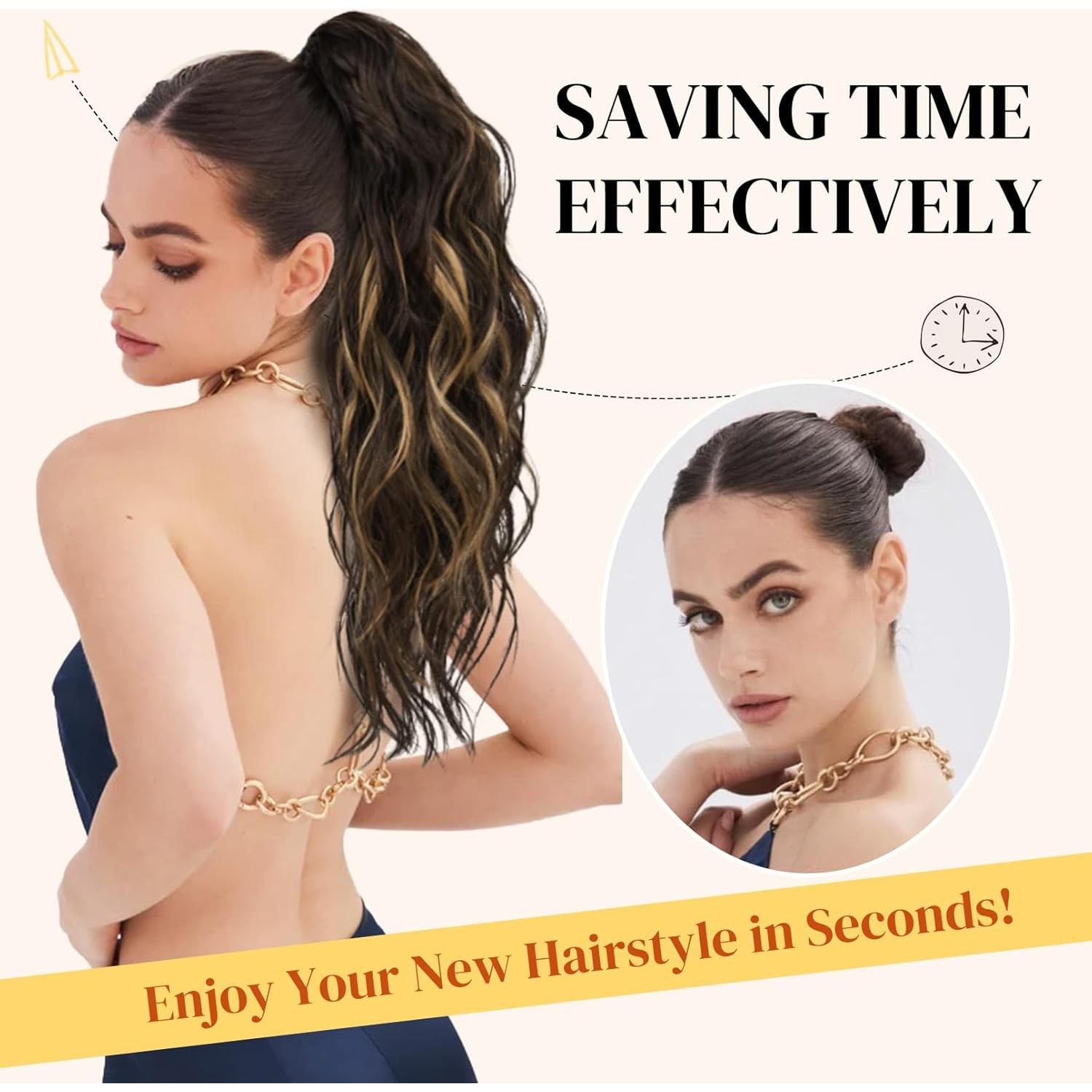 Extensión de Cola de Caballo LONAI 45.72 cm Clip Ondulada Marrón Ceniza