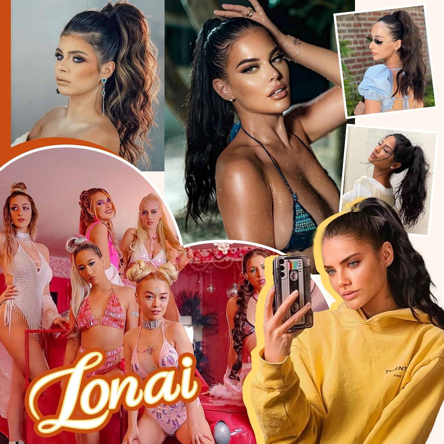 Extensión de Cola de Caballo LONAI 45.72 cm Clip Ondulada Marrón Ceniza