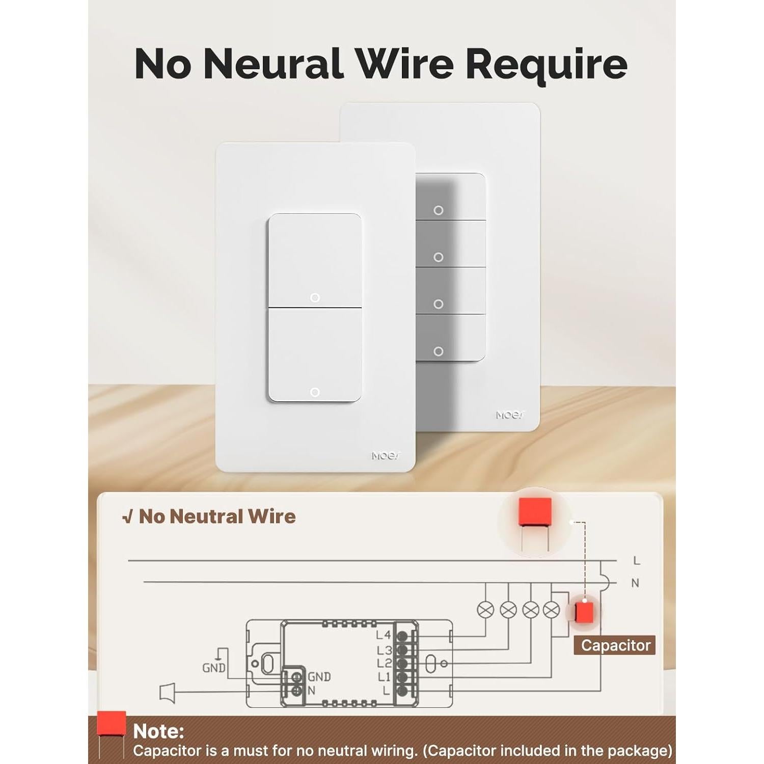 Interruptor de Luz Doble Inteligente MOES WiFi 2 Gang Sin Neutro